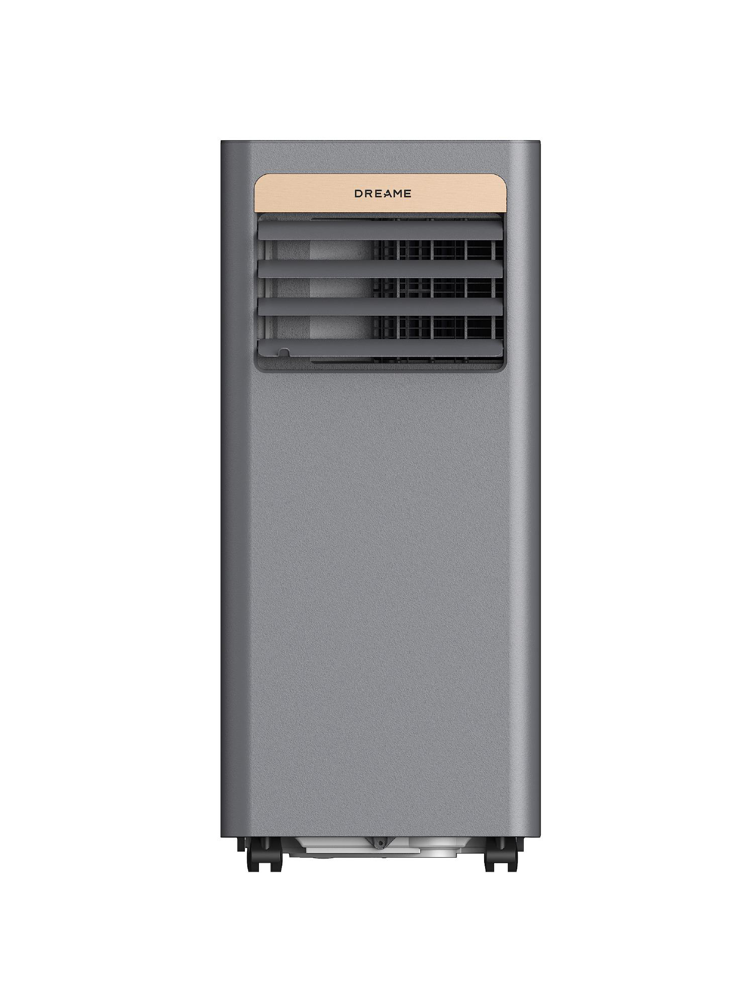 Grauer Turmventilator mit Holzdekor-Akzent und Lüftungsschlitzen.