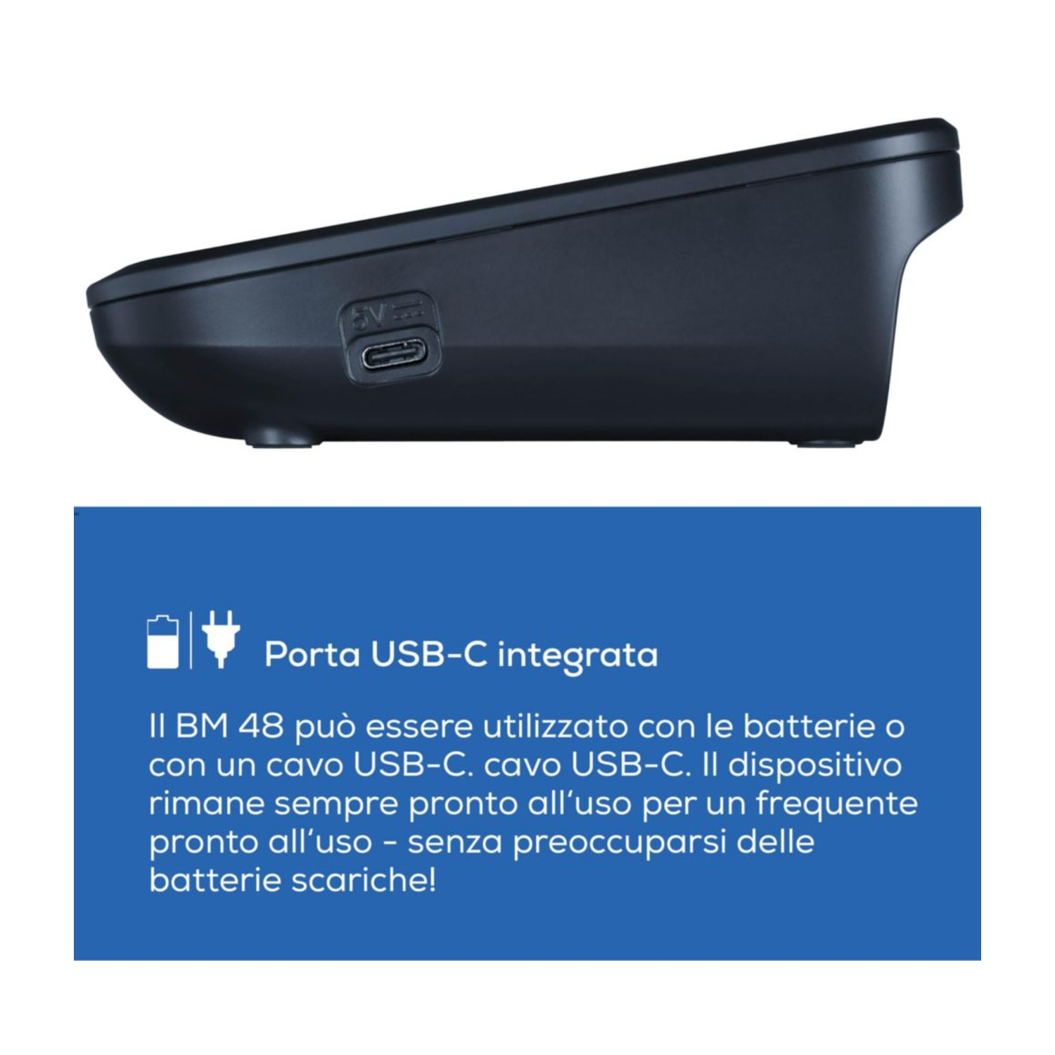 Dispositivo nero con porta USB-C e marcatura 5V.