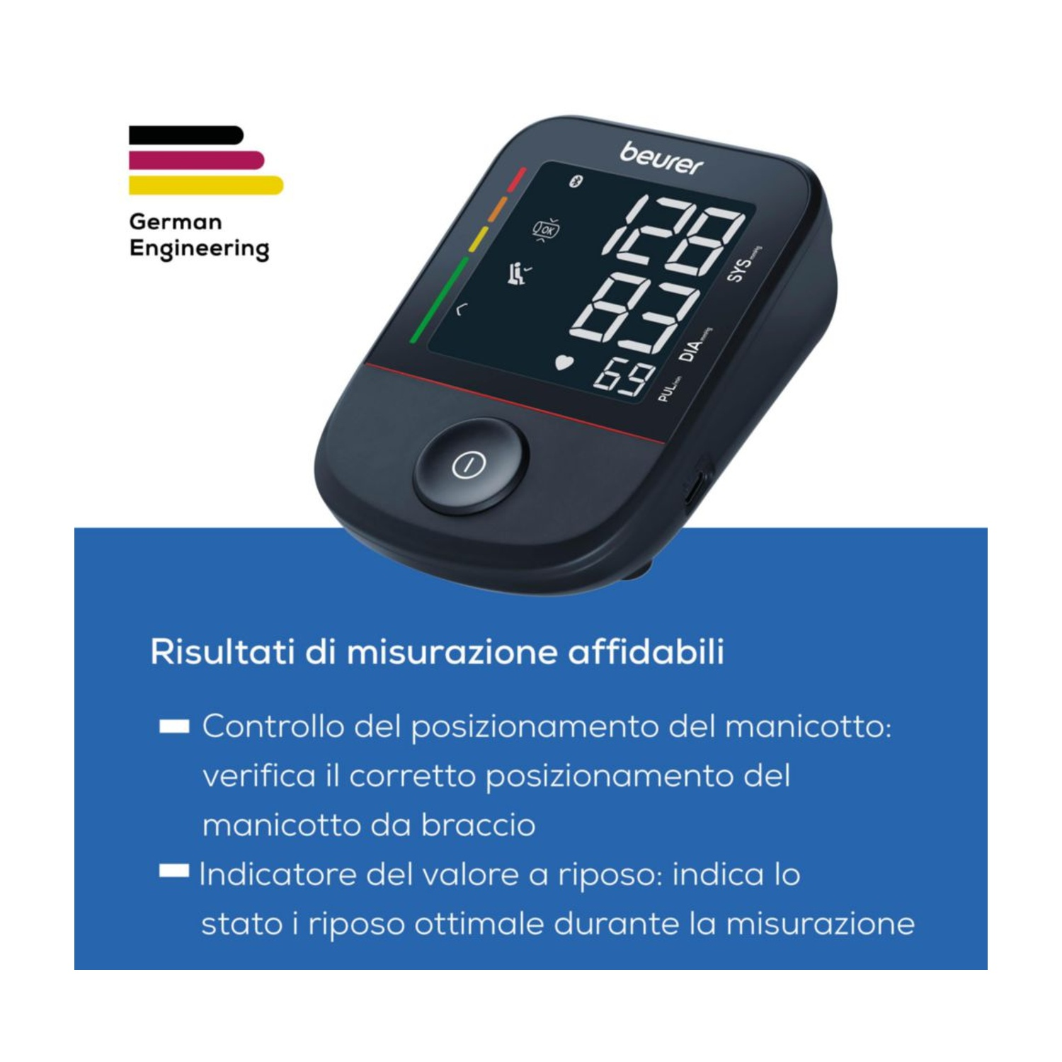 Un misuratore di pressione Beurer con ingegneria tedesca mostra 128/83.