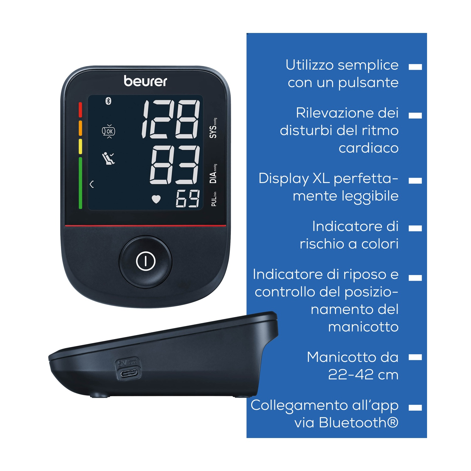 Un misuratore di pressione Beurer con display mostra 128/83/69. Elenco funzioni a lato.