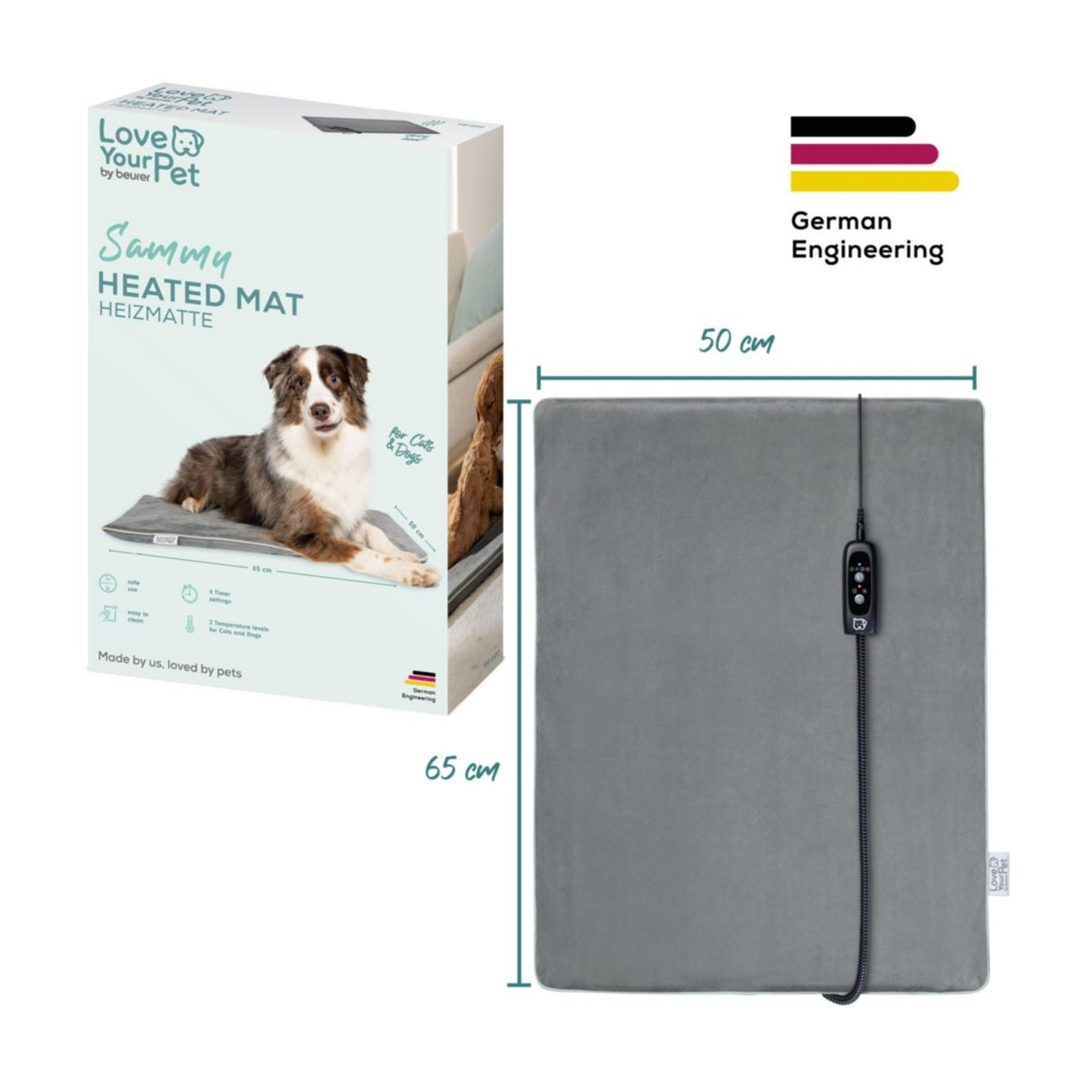 Tappetino riscaldato grigio per animali con cavo e controller. Dimensioni 65x50 cm.