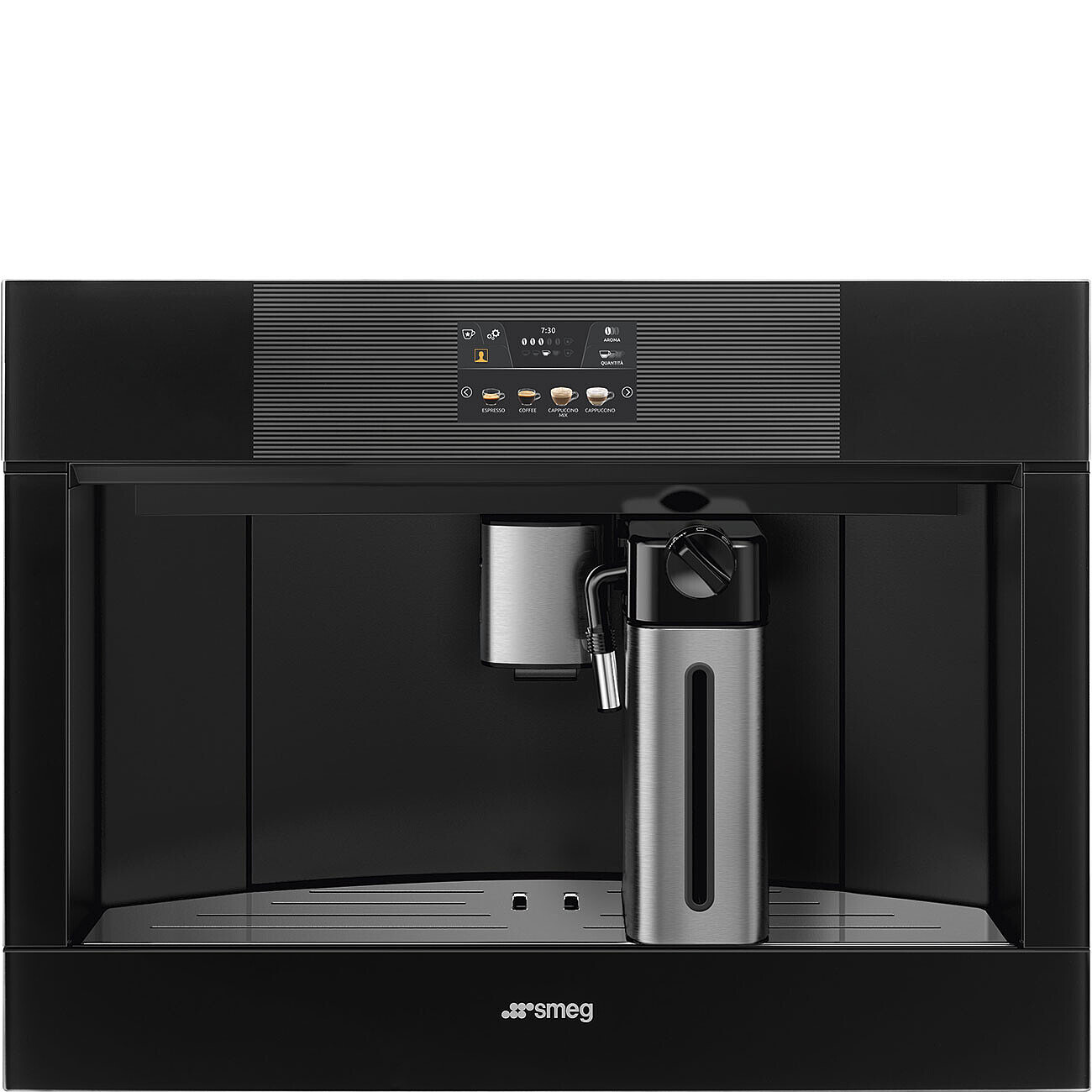 Eine schwarze Einbau-Kaffeemaschine mit Touchscreen-Bedienfeld und Milchbehälter.
