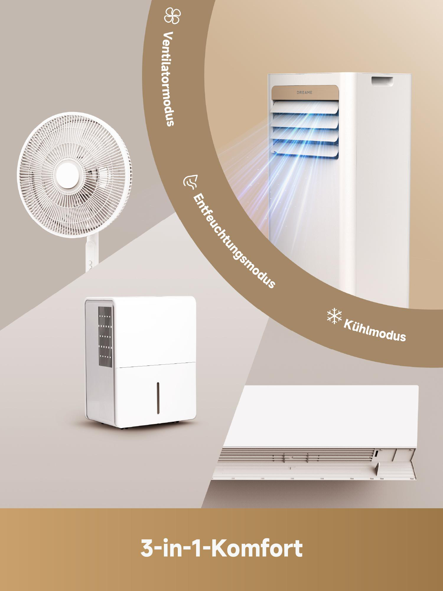 Ein Ventilator, Luftentfeuchter und Klimagerät werden gezeigt.
