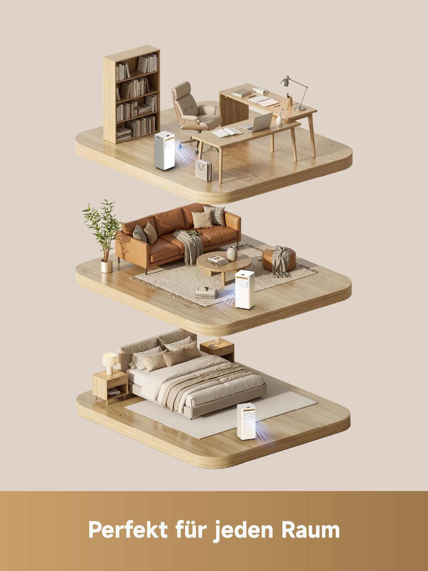Drei Räume mit Luftreinigern: Büro, Wohnzimmer und Schlafzimmer.