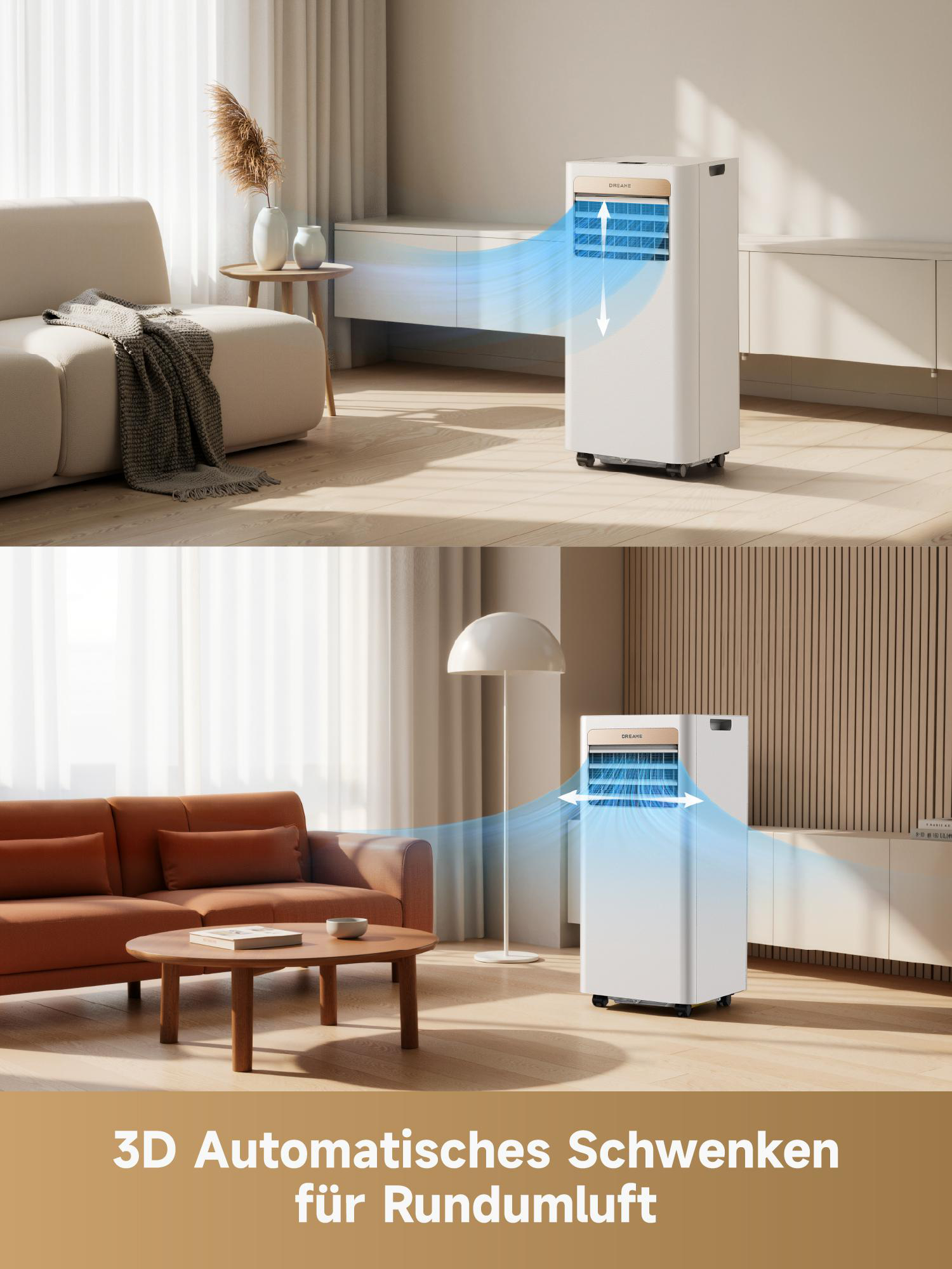 Ein weißer Luftkühler in einem Wohnzimmer mit blauem Luftstrom.