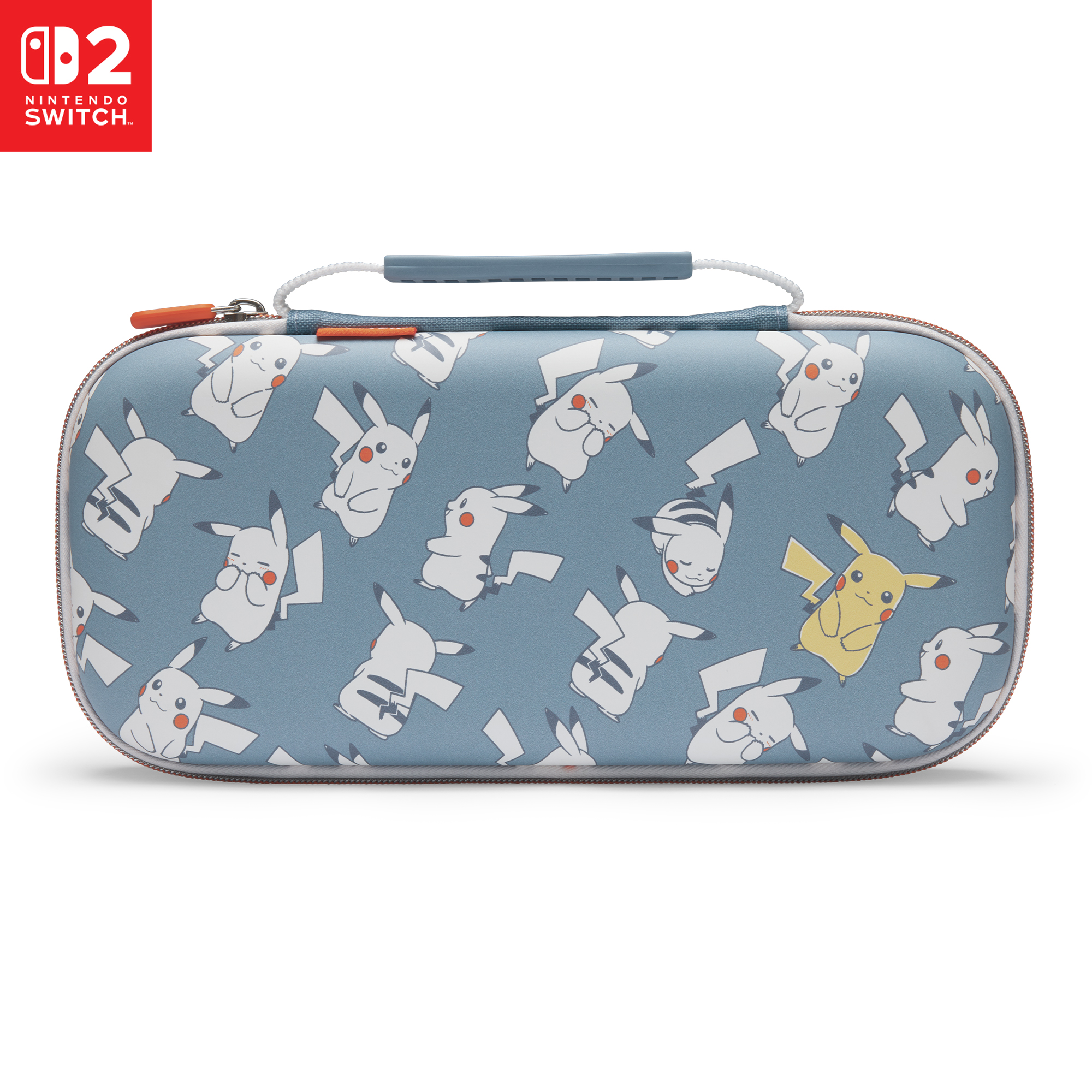 Eine blaue Tasche mit Pikachu-Motiv, Reißverschluss und Tragegriff.