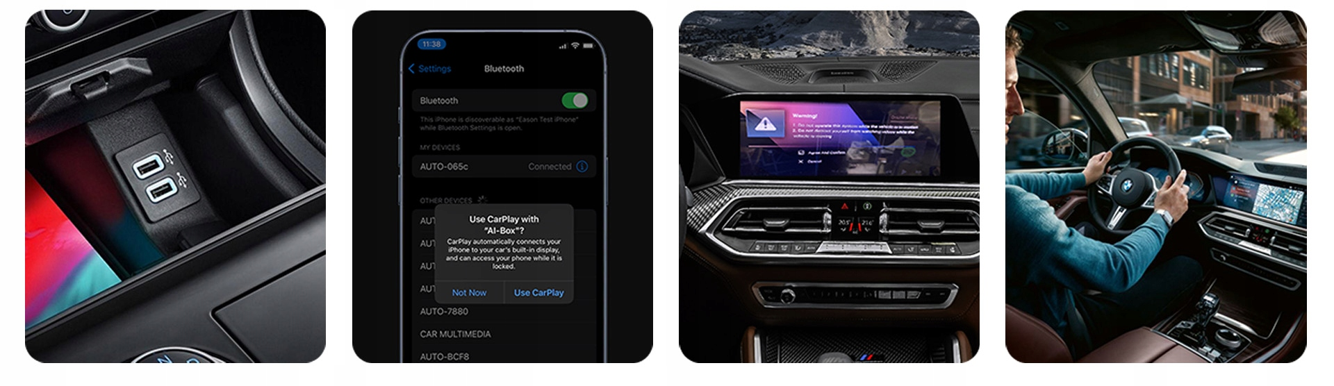 Cztery obrazy przedstawiają wnętrze samochodu. Jeden pokazuje porty USB, drugi komunikat CarPlay na telefonie. Trzeci wyświetla ostrzeżenie na ekranie samochodu, a ostatni pokazuje kierowcę prowadzącego pojazd.