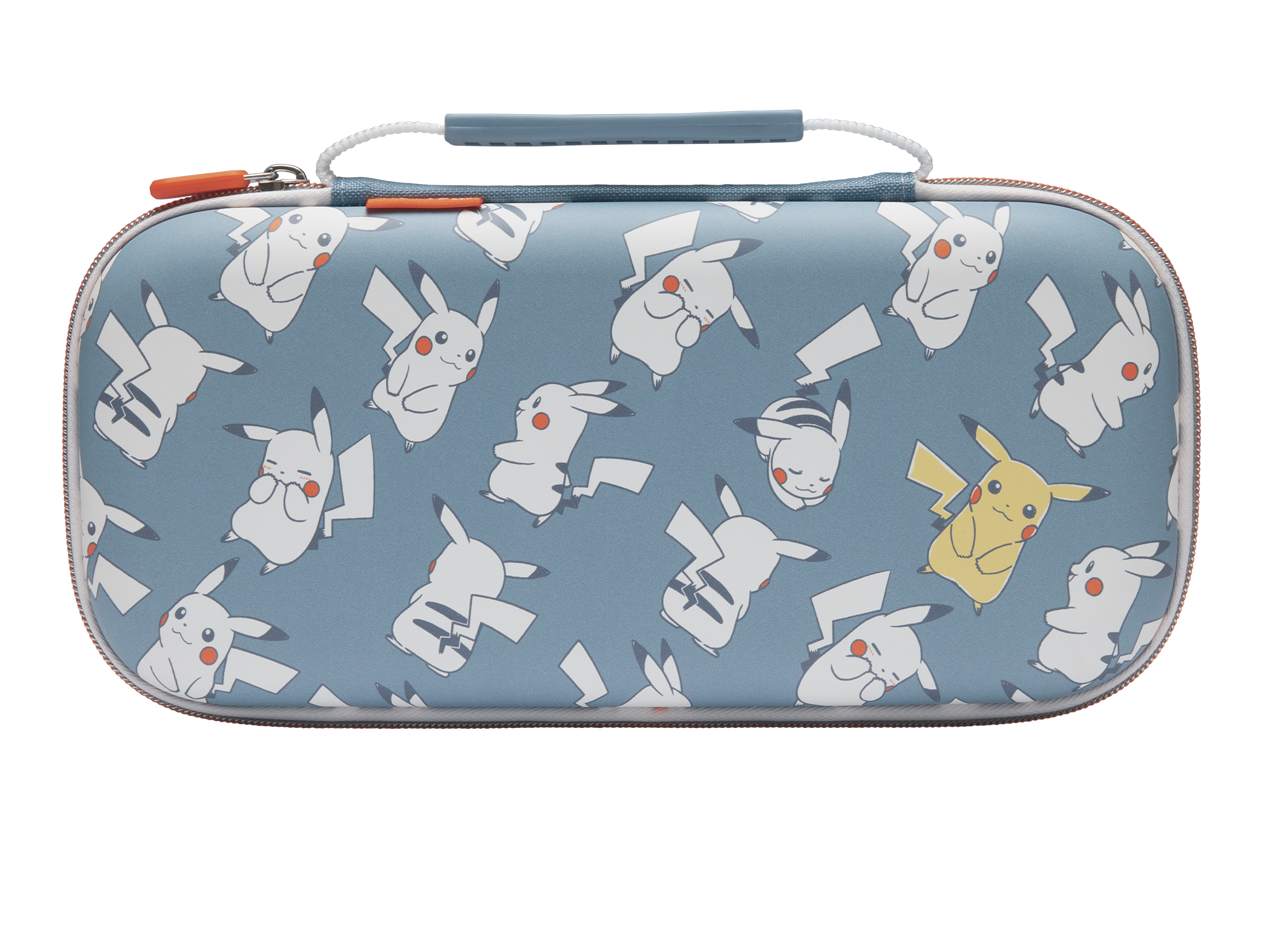Eine blaue Tasche mit einem Muster aus Pikachu-Figuren in verschiedenen Posen.