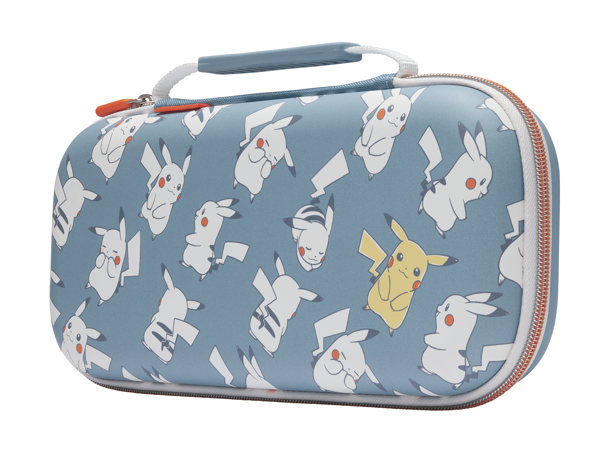 Blaue Hülle mit Pikachu-Muster, Reißverschluss und Tragegriff.