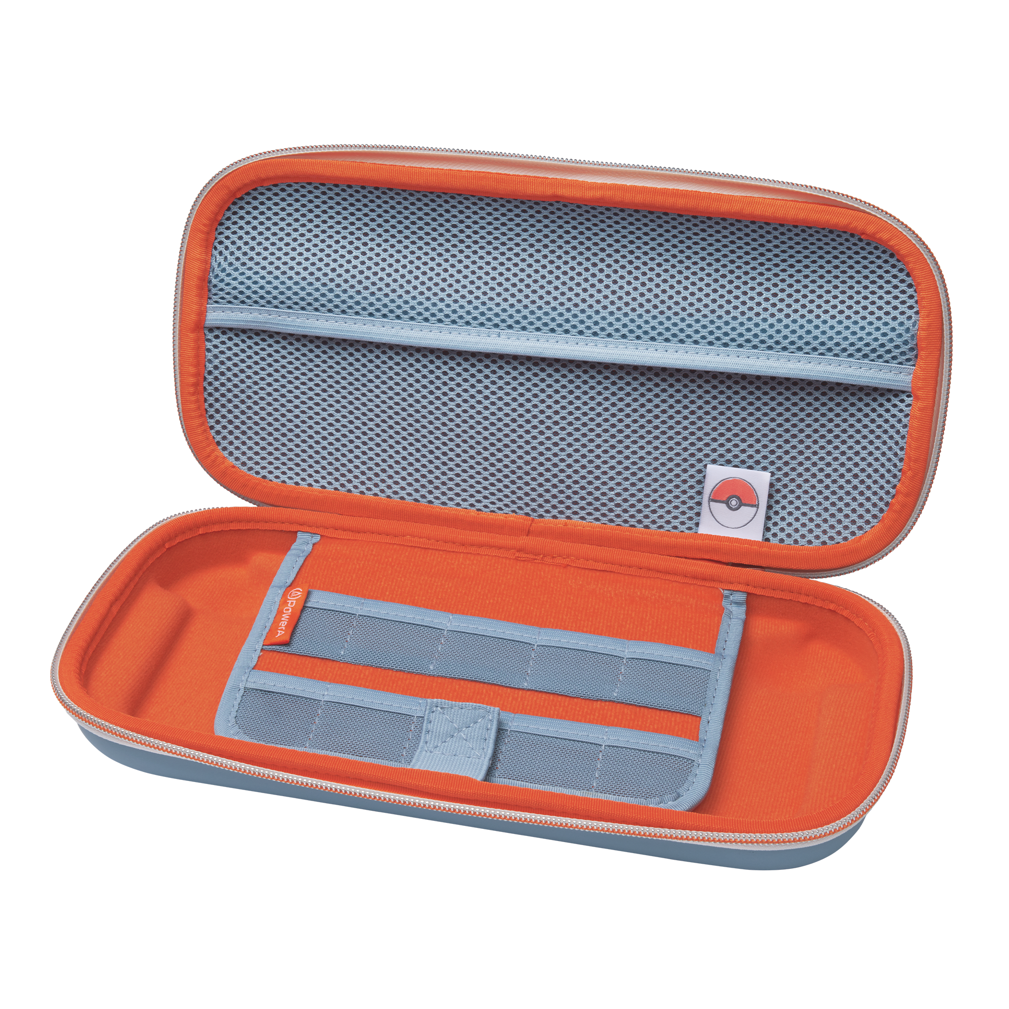 Blaue Tasche mit orangefarbenem Innenfutter und Fächern.