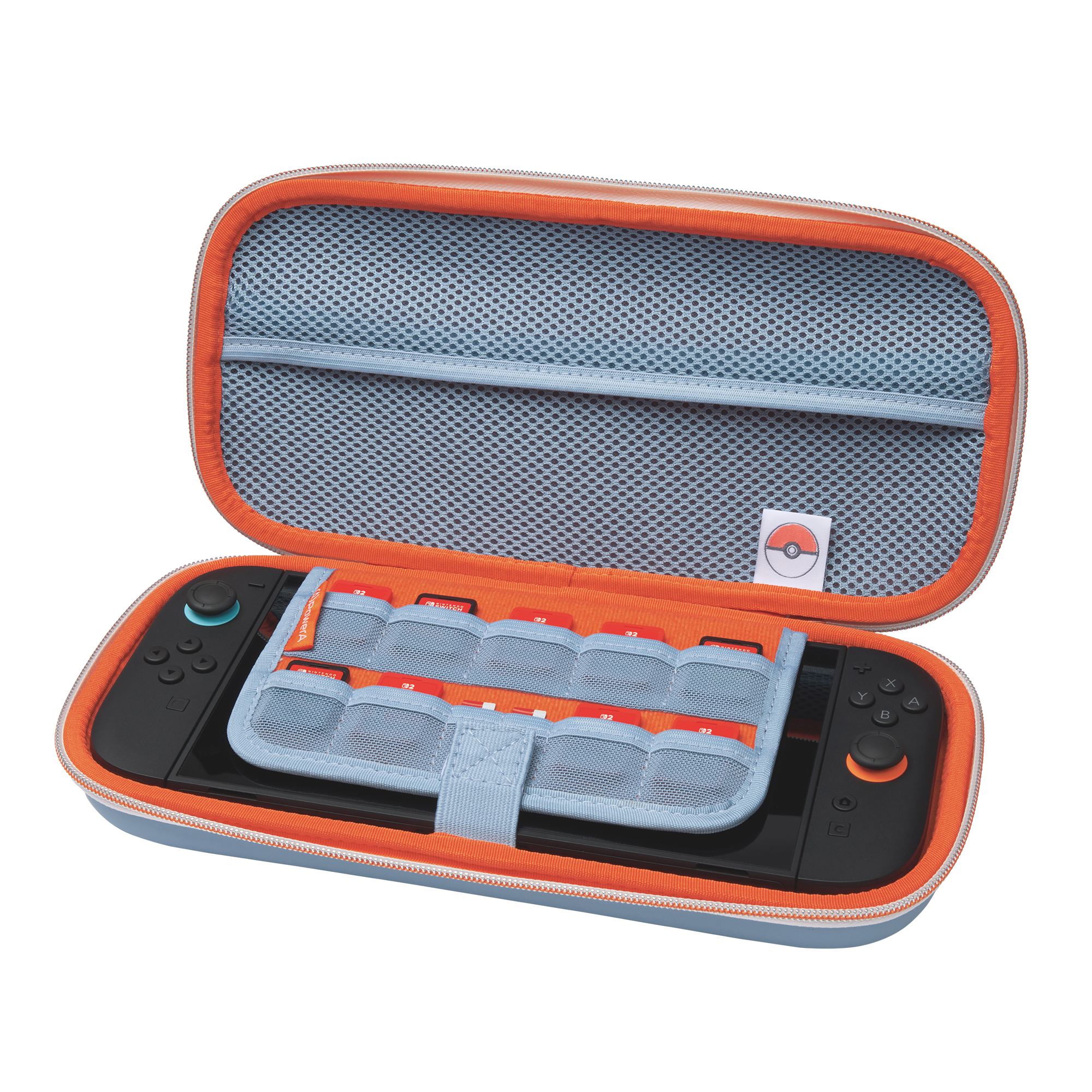 Geöffnete blau-orange Hülle mit Nintendo Switch und Spielkassetten.