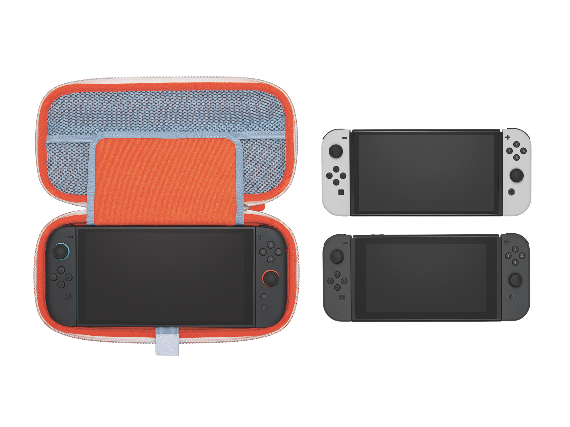 Ein offenes Etui mit einem Nintendo Switch und zwei separaten Konsolen.