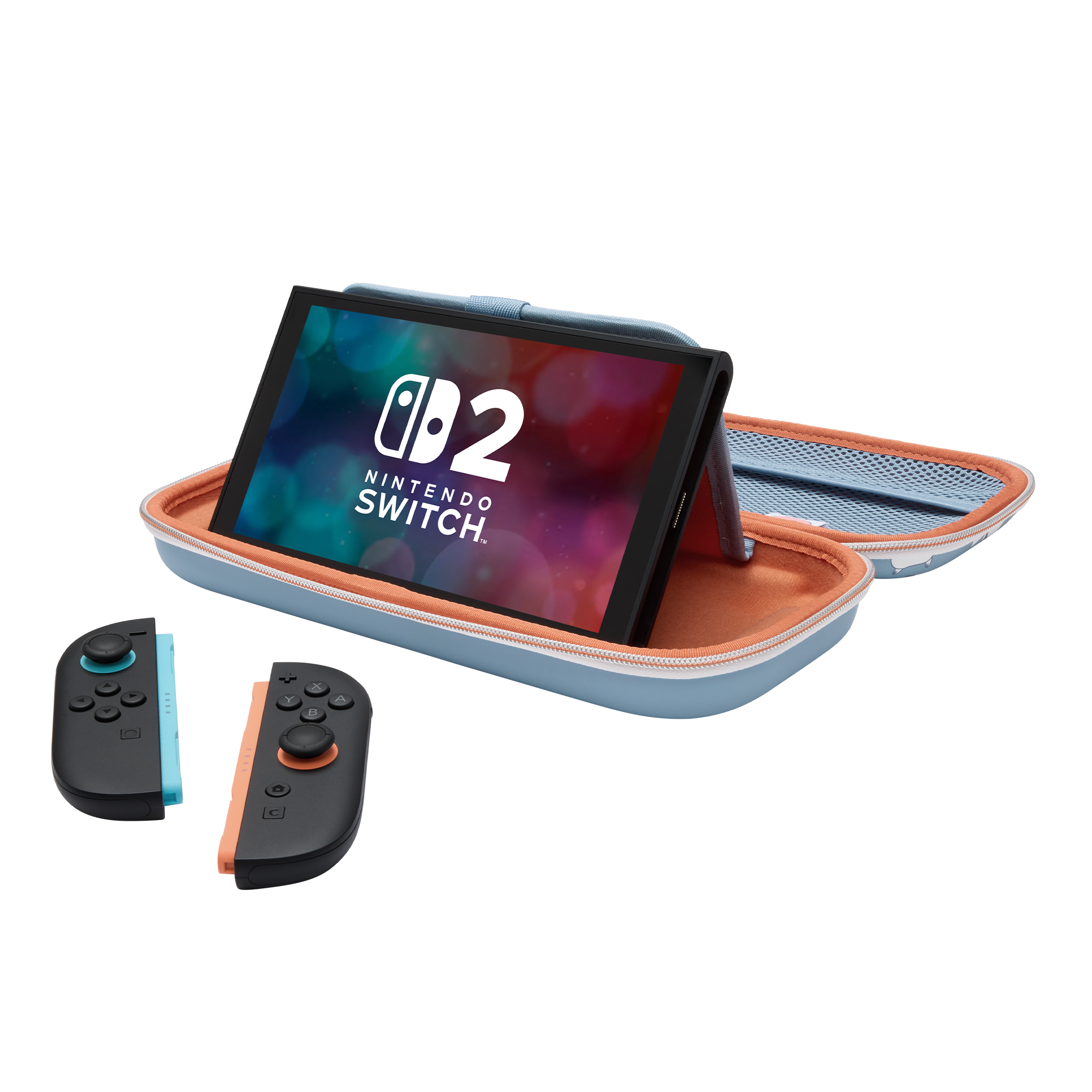 Nintendo Switch Konsole in blauer und oranger Hülle mit abgenommenen Controllern auf schwarzem Grund.