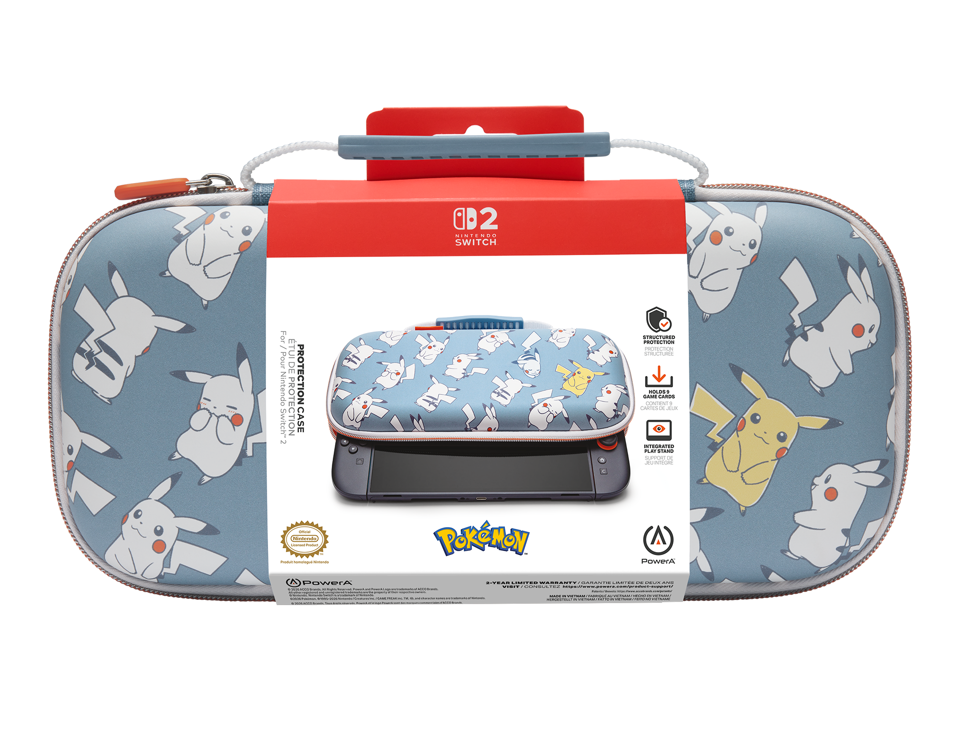 Nintendo Switch Hülle mit Pikachu-Motiv, mit integriertem Ständer und Platz für Spiele.