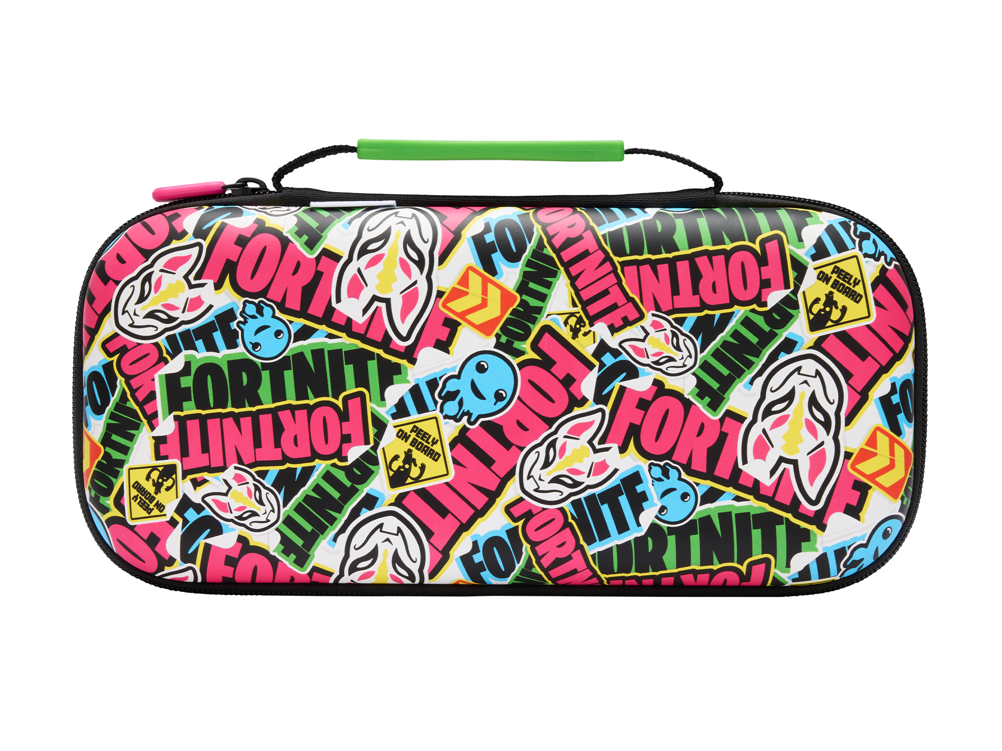Fortnite-Tasche mit Aufdruck von Charakteren und Schriftzügen, mit grünem Griff.