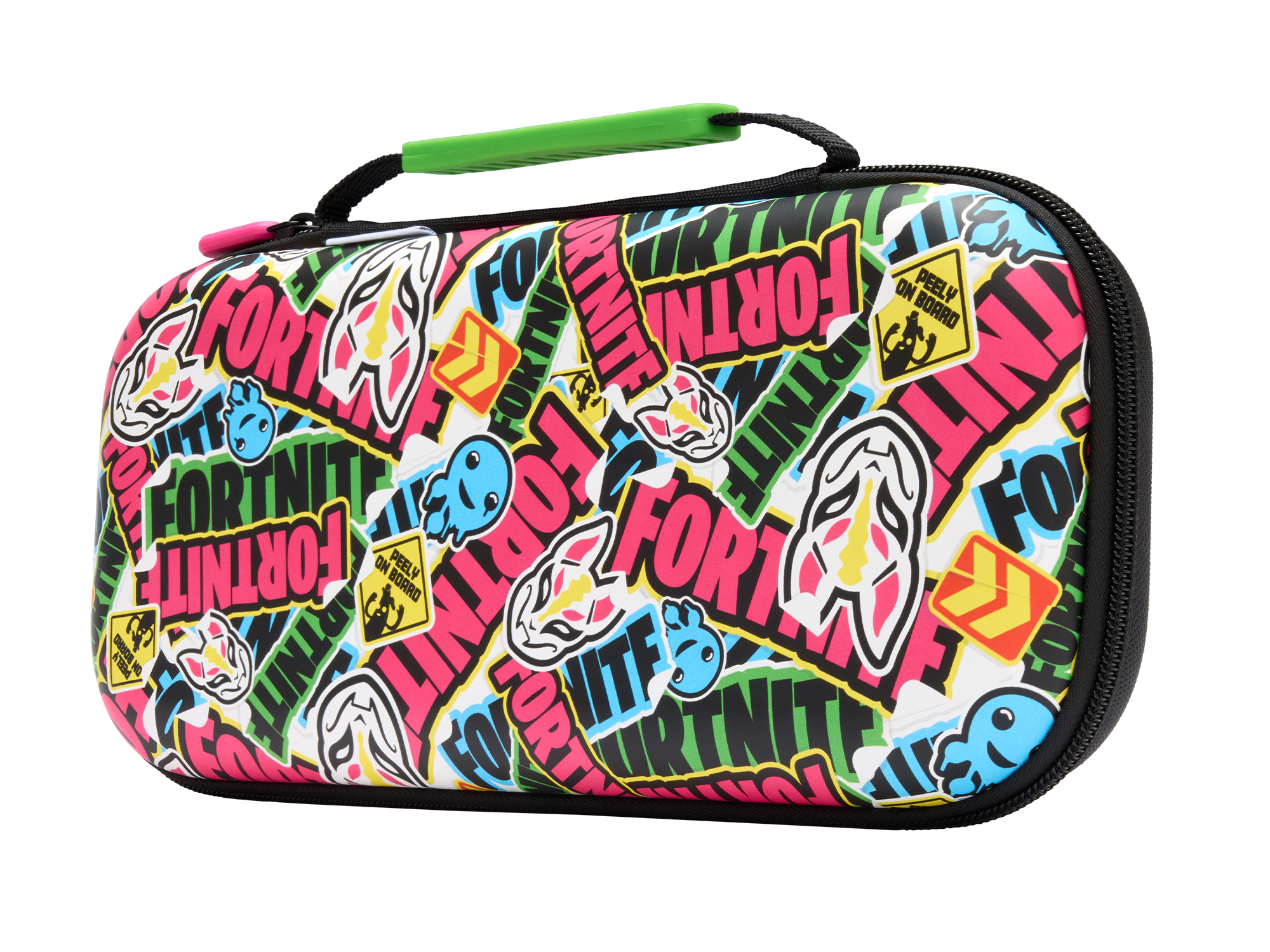 Eine bunte Fortnite-Tasche mit Aufklebern, Reißverschluss und Griff.