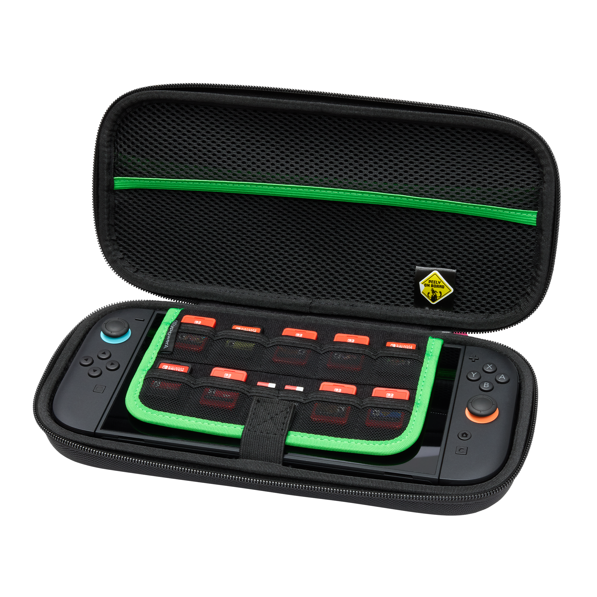 Schwarze Tasche mit Nintendo Switch und Spielekarten.