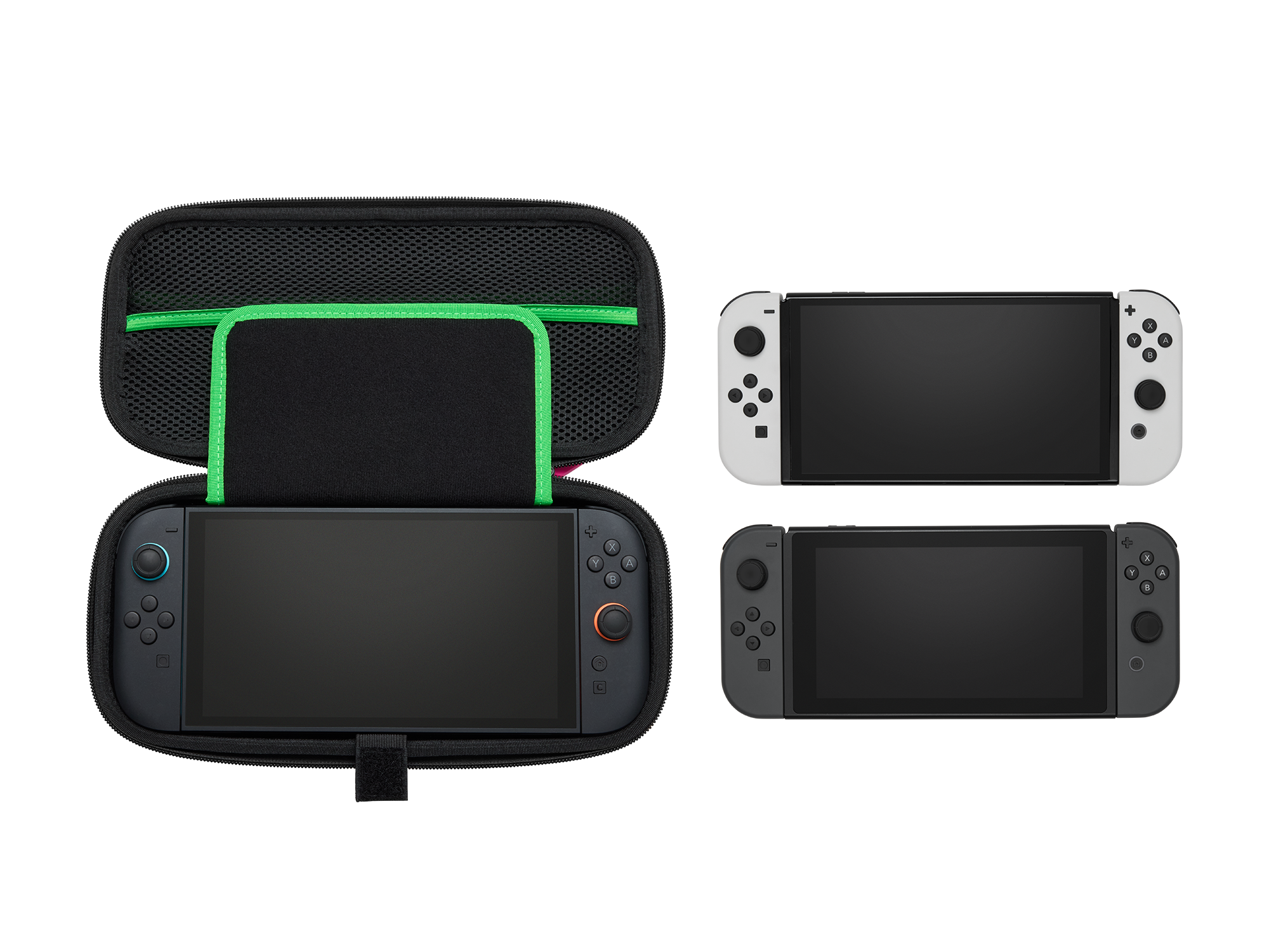 Ein graues Nintendo Switch-Case mit einem Switch darin, daneben zwei Konsolen.