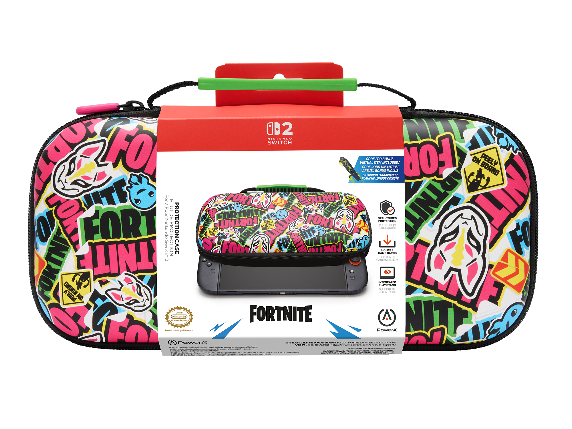 Nintendo Switch-Schutzhülle mit Fortnite-Motiv, geschlossen, mit Spielernamen und Grafiken.
