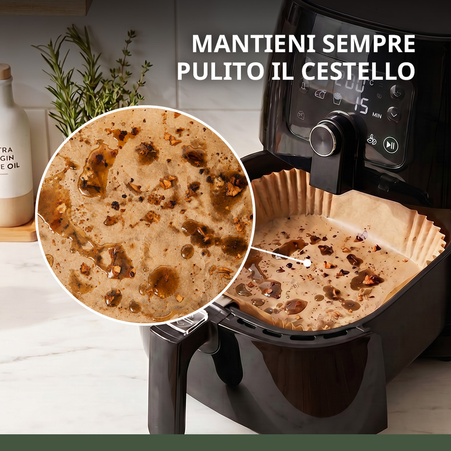 Una friggitrice ad aria sporca con olio d'oliva, erbe e residui di cibo.