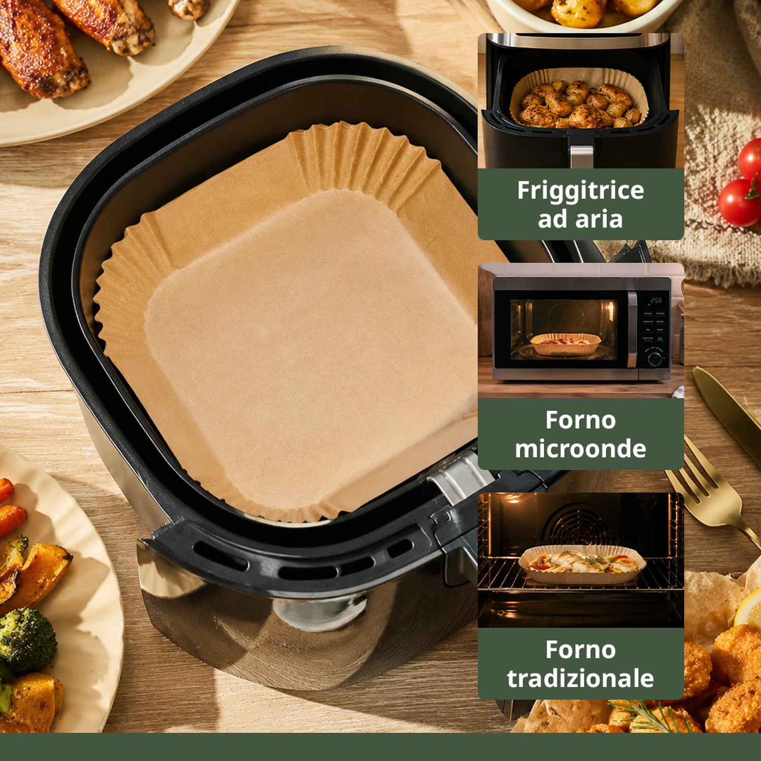 Friggitrice ad aria con carta pergamena, più immagini di friggitrice, microonde e forno.