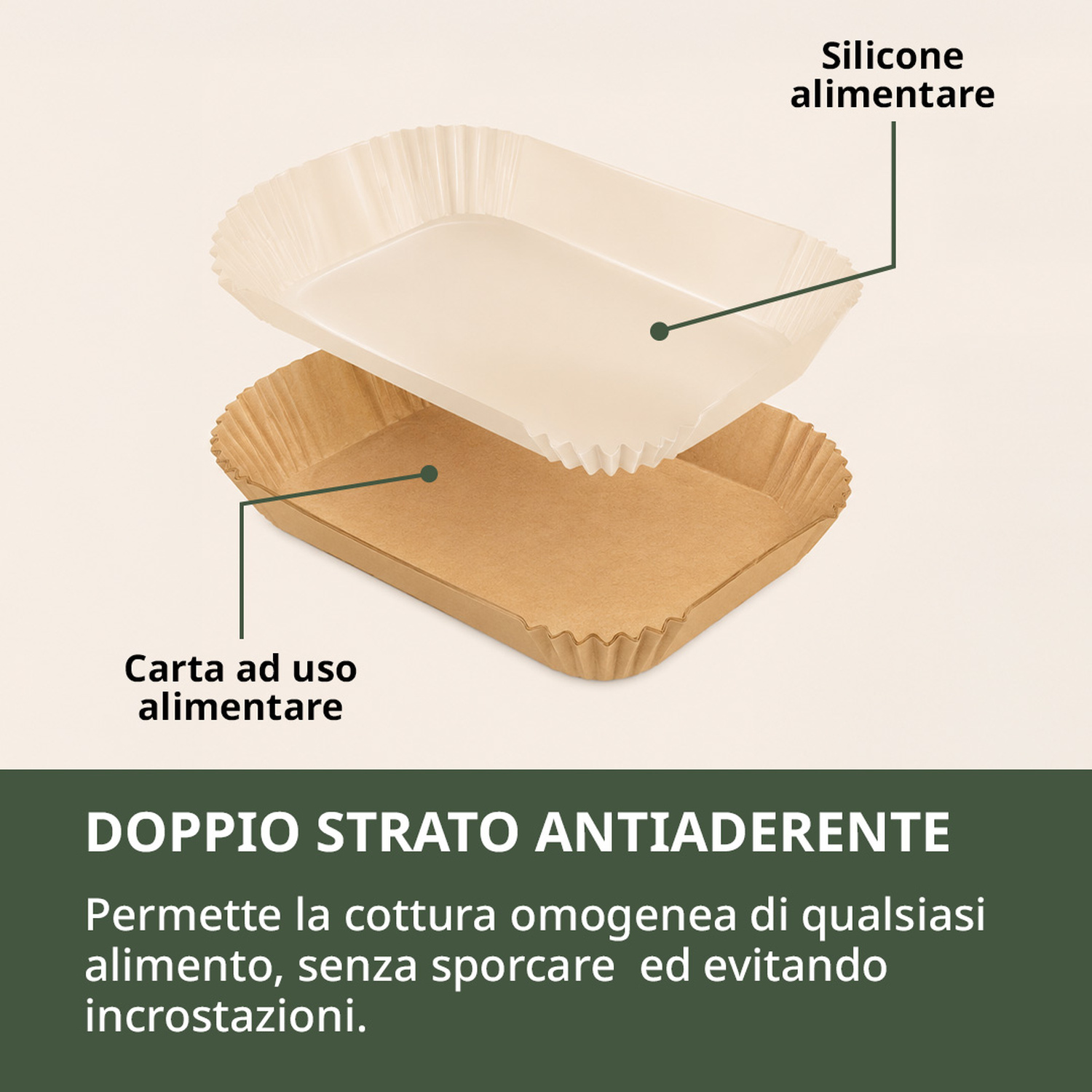 Due teglie: una in carta, una in silicone. Per alimenti.