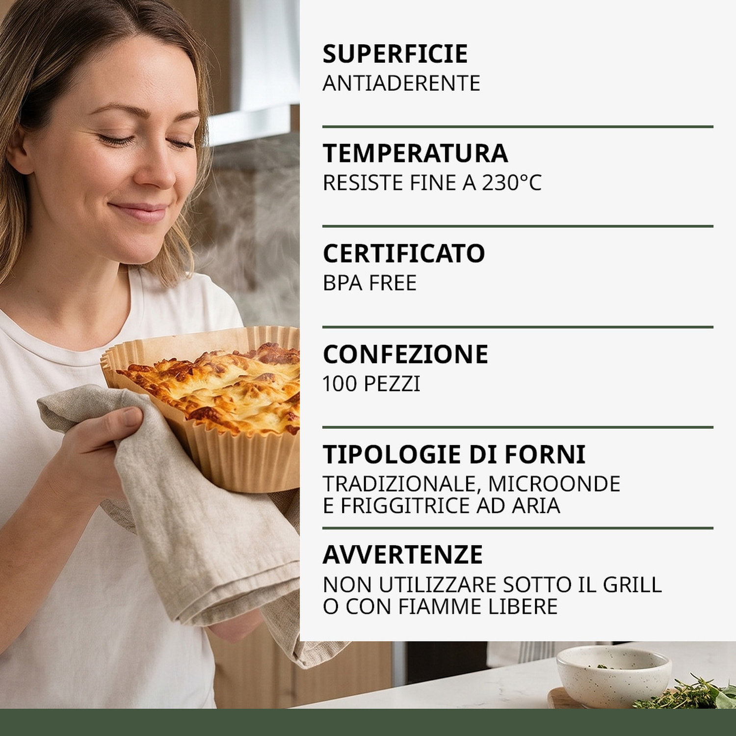 Donna con sformato fumante in stampo carta forno, accanto a testo.