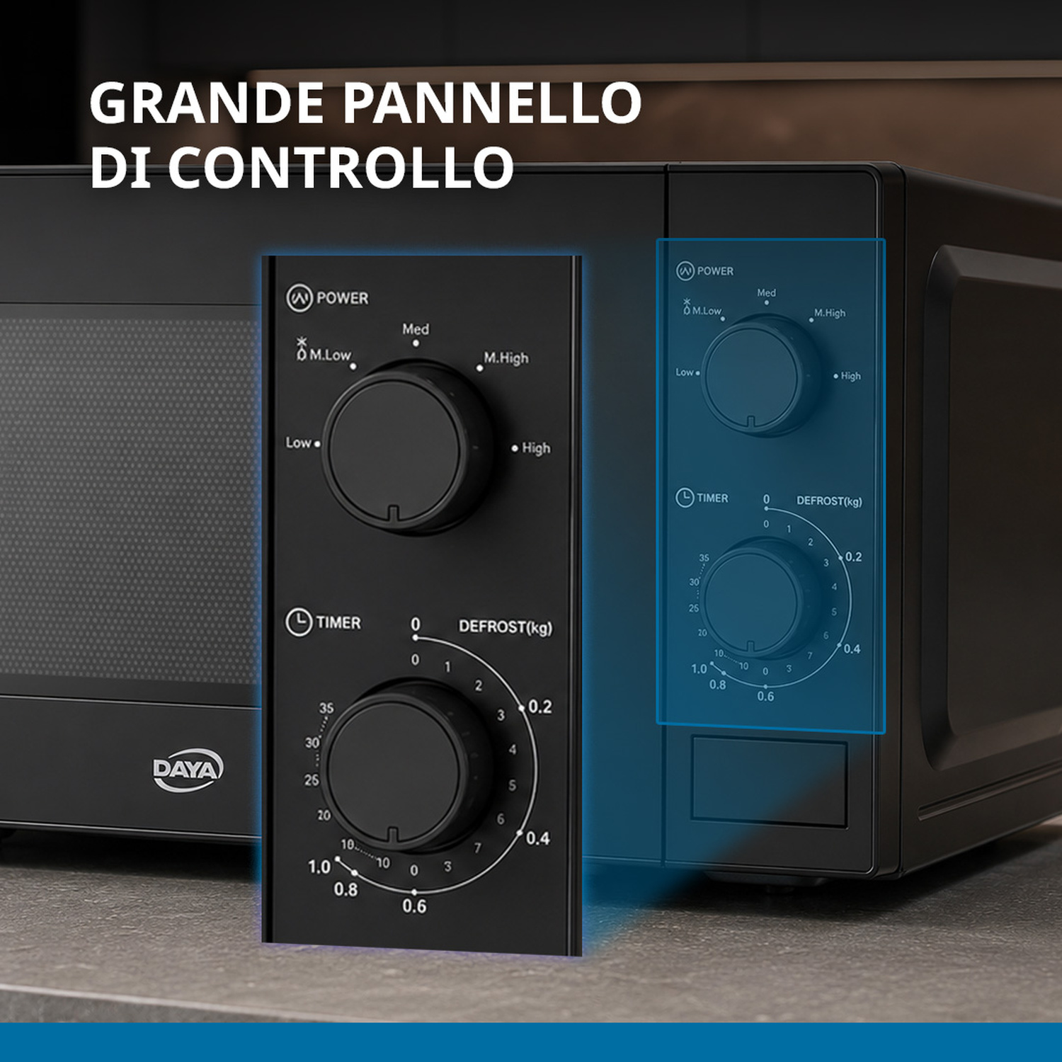 Forno a microonde nero con ampio pannello di controllo con manopole per potenza e timer.