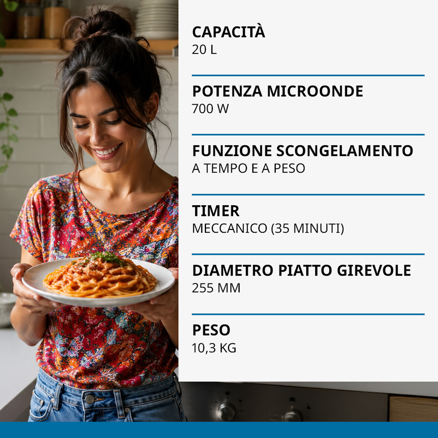 Donna con piatto di spaghetti accanto alle specifiche del microonde.