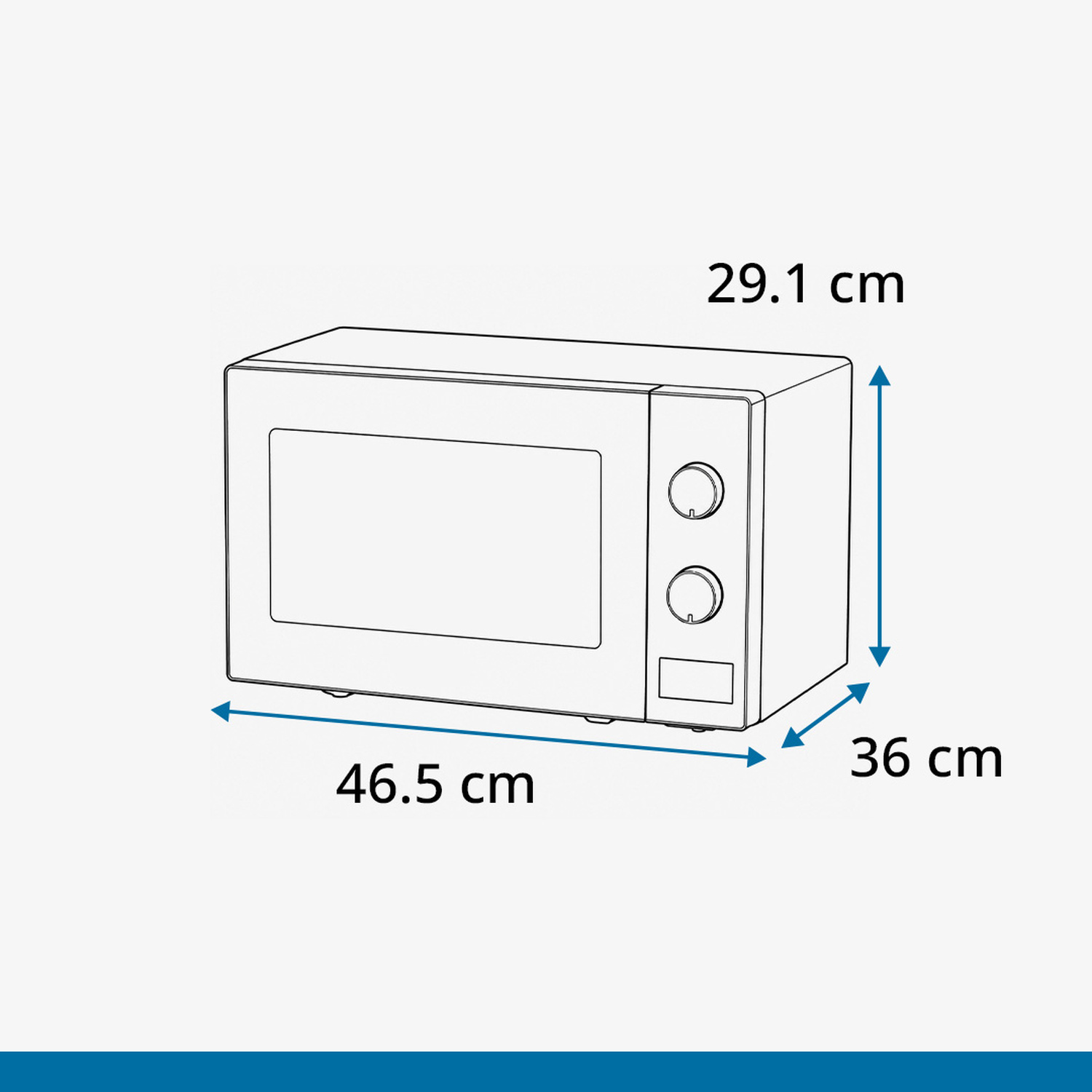 Un disegno al tratto di un forno a microonde bianco con dimensioni indicate.