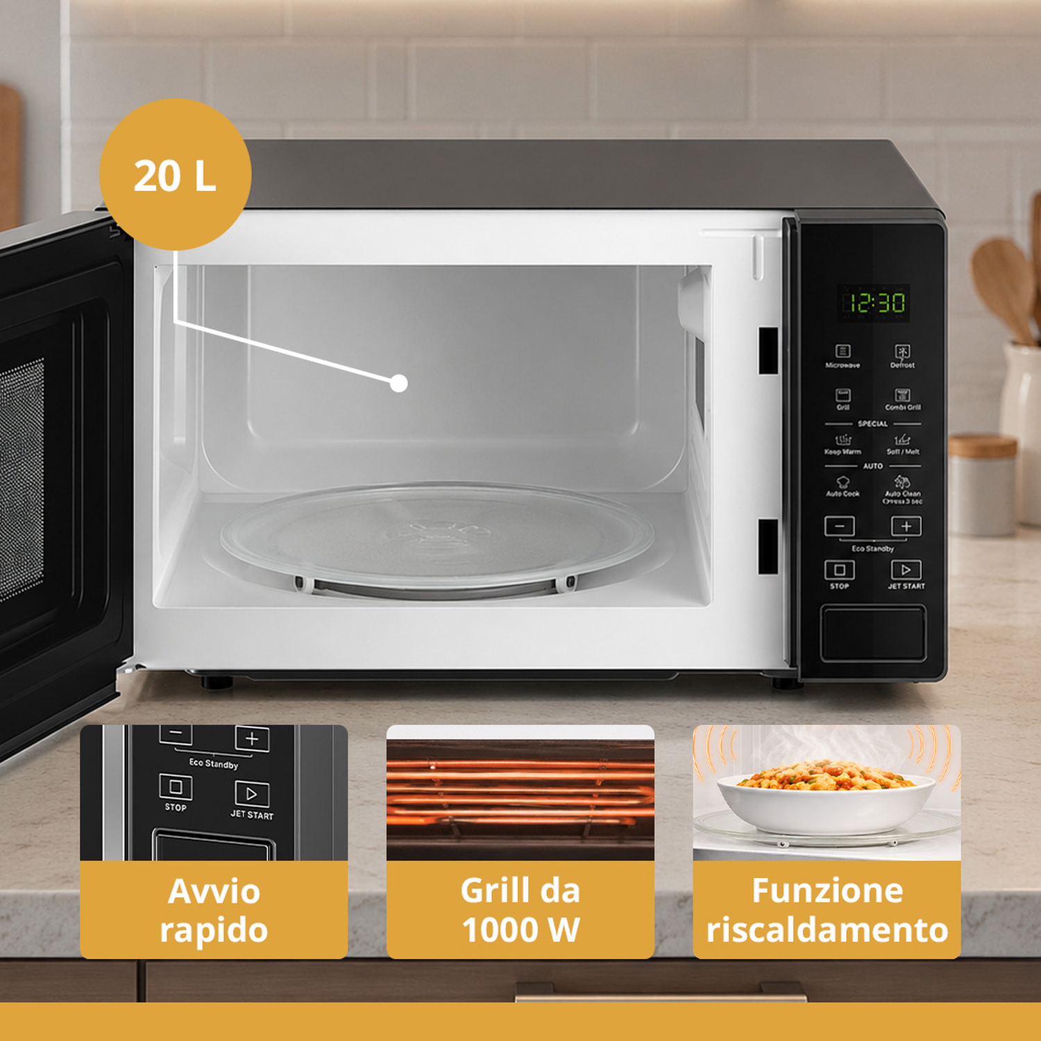 Un forno a microonde da 20L con pannello comandi, grill e funzione riscaldamento.