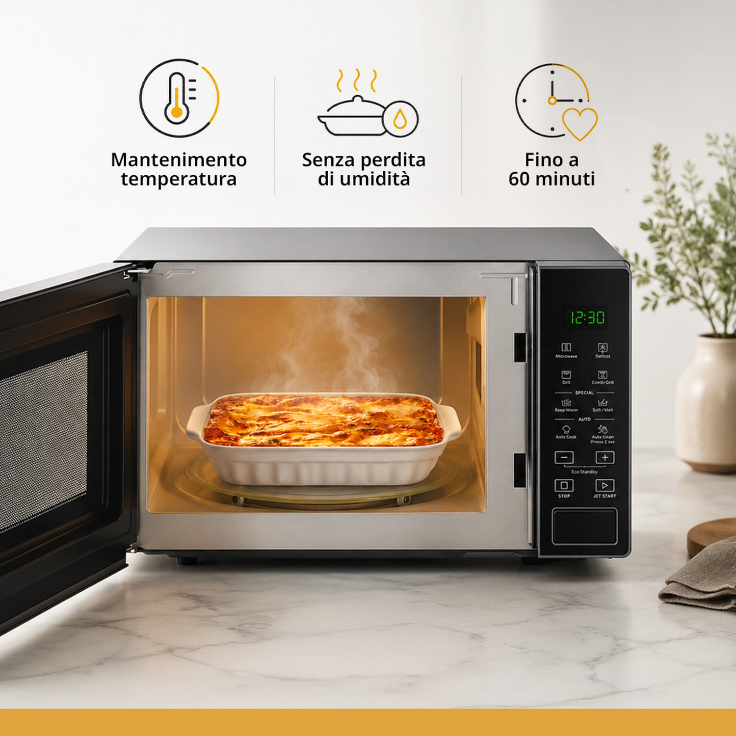 Microonde aperto con lasagna fumante. Icone mostrano temperatura, umidità e tempo.
