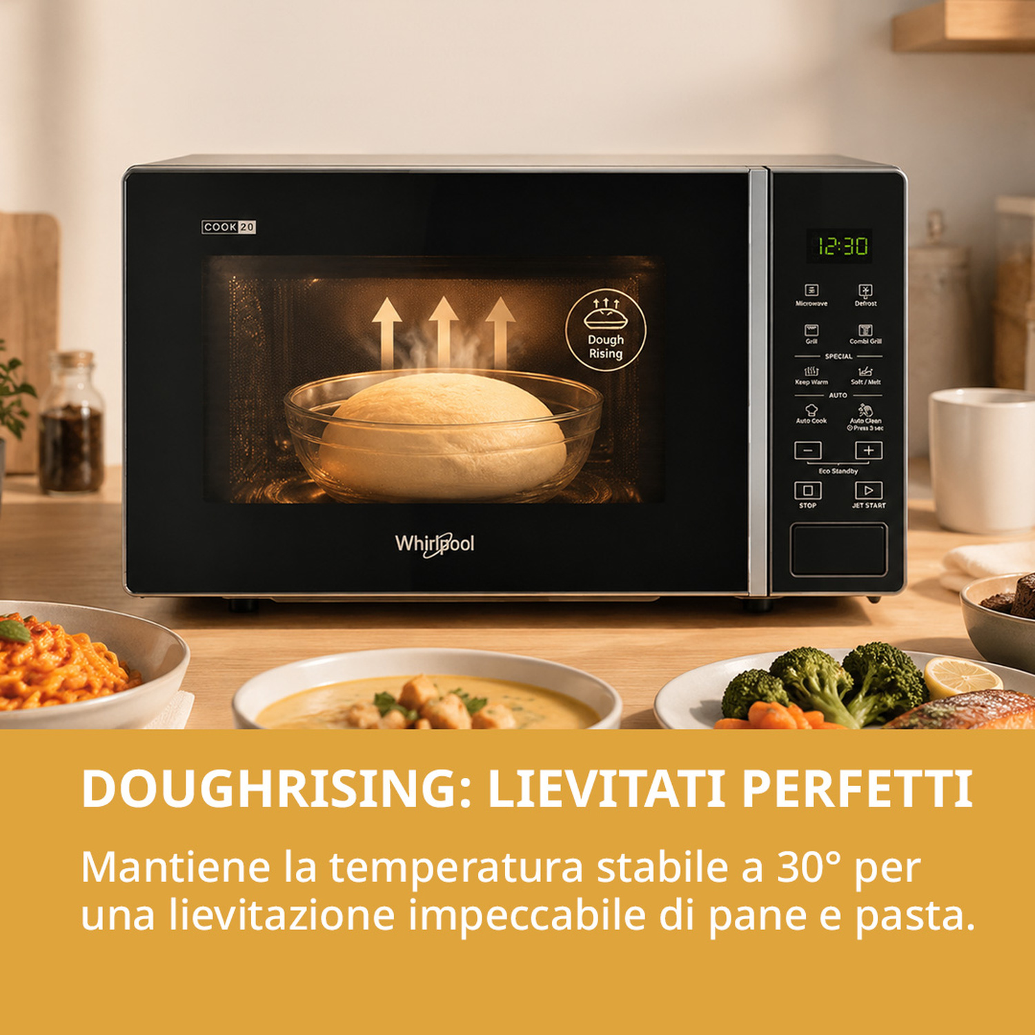 Un impasto lievita in un microonde, con piatti visibili nelle vicinanze.