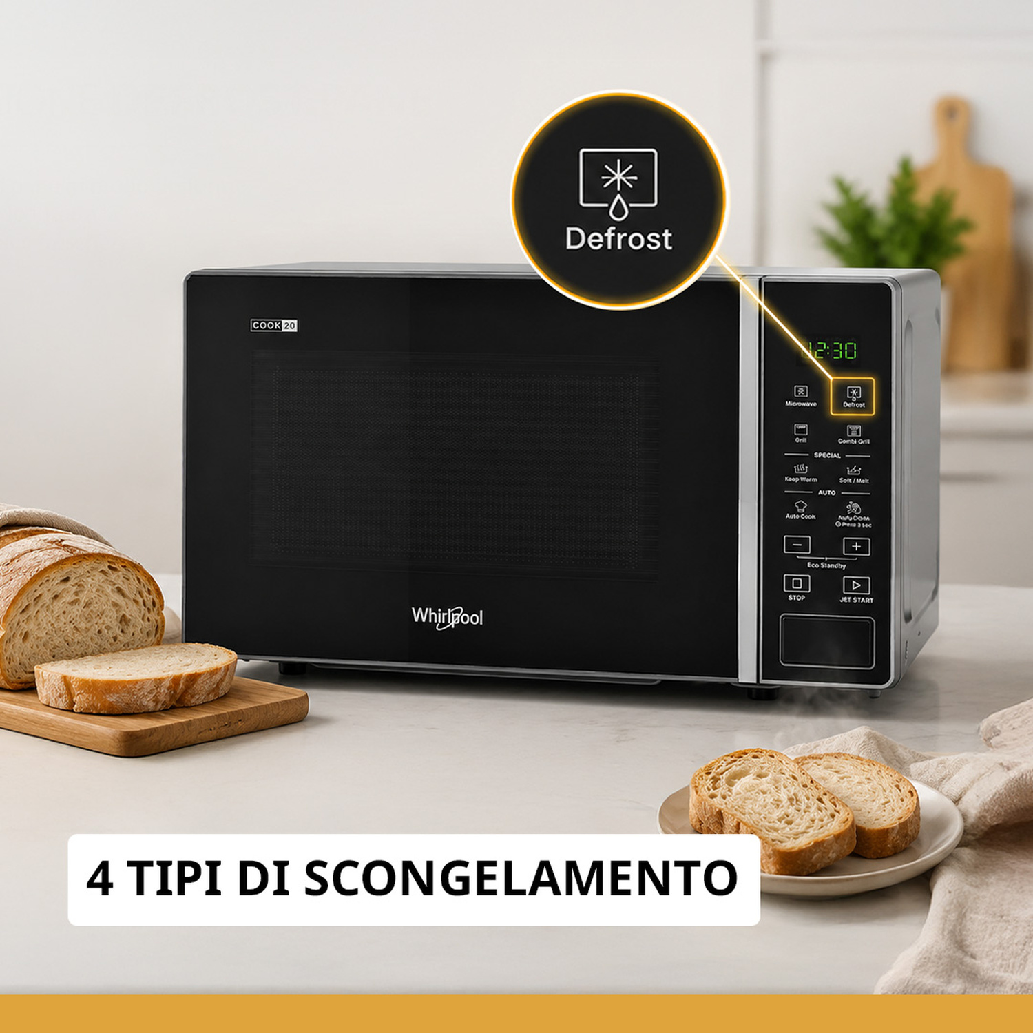 Un microonde nero con pannello di controllo e pane accanto. La modalità "Defrost" è evidenziata.