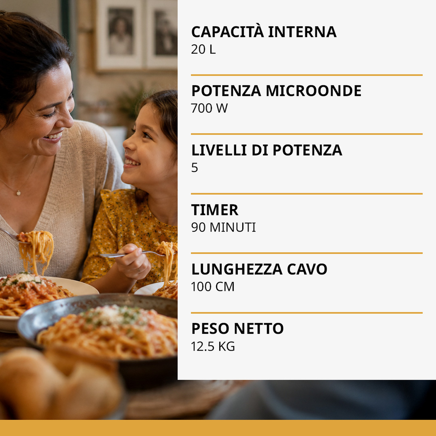 Madre e figlia mangiano spaghetti. Dati tecnici elencati sul lato destro.