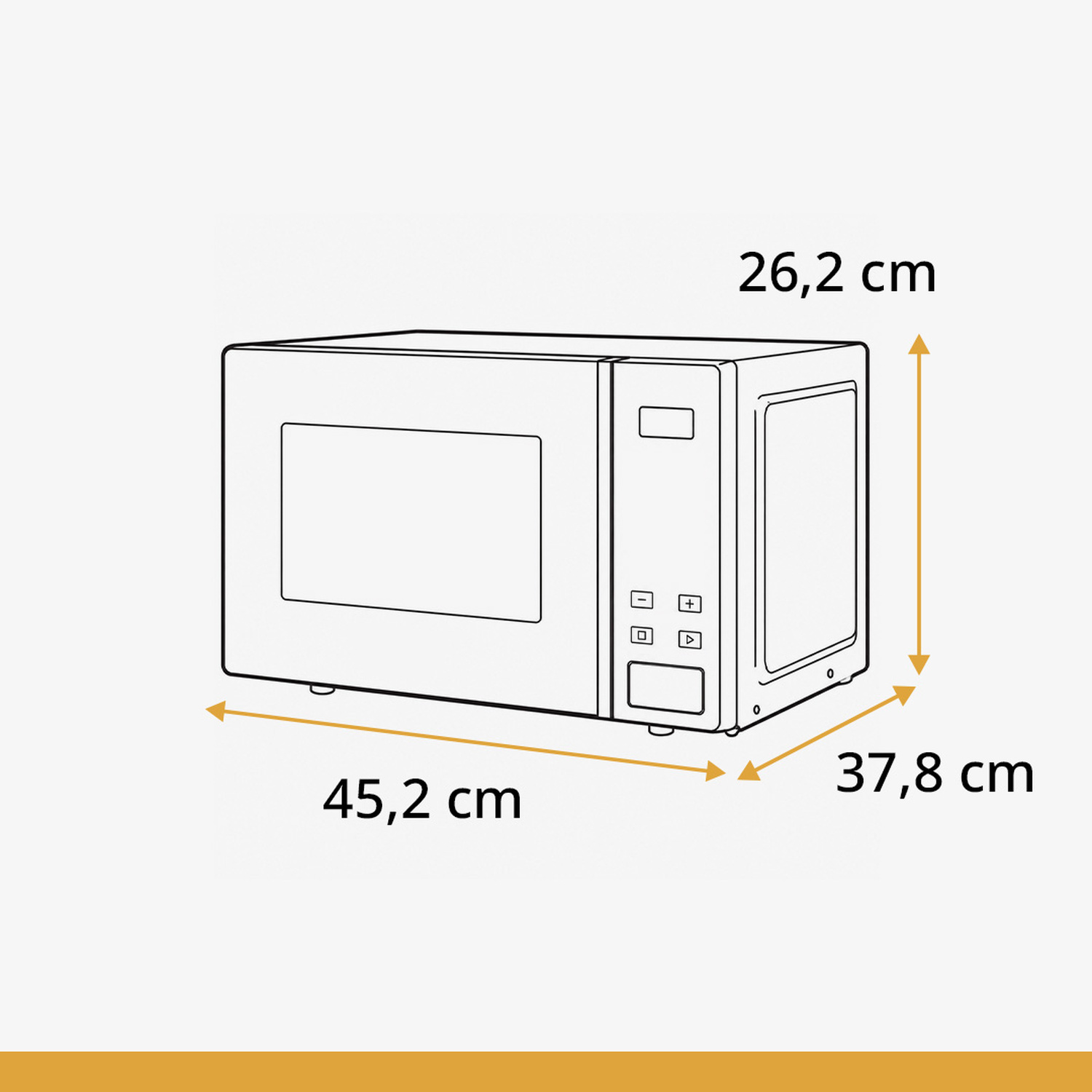 Un disegno al tratto di un forno a microonde con dimensioni. Larghezza 45,2 cm, altezza 26,2 cm, profondità 37,8 cm.