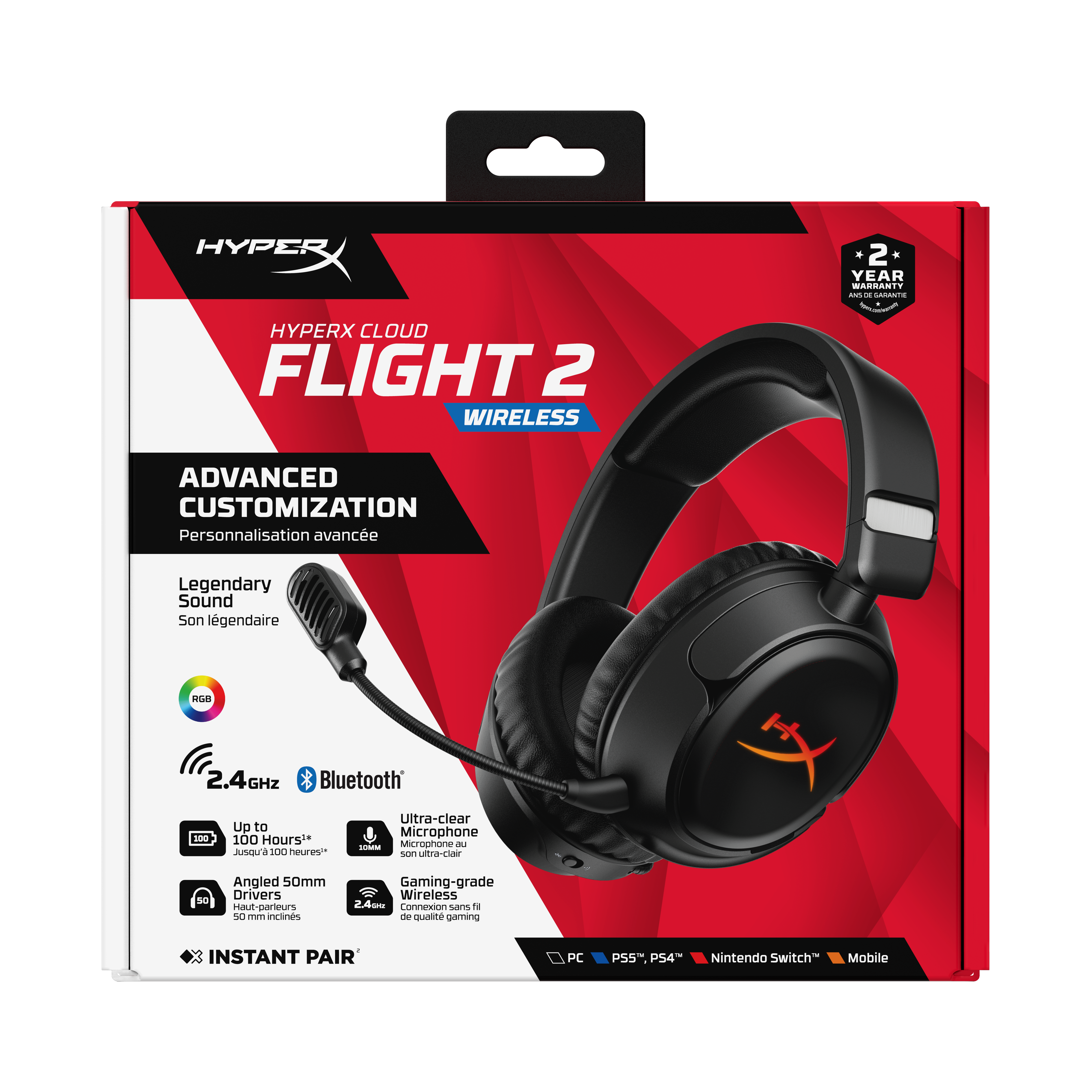 Pudełko bezprzewodowych słuchawek HyperX Cloud Flight 2 z funkcjami.