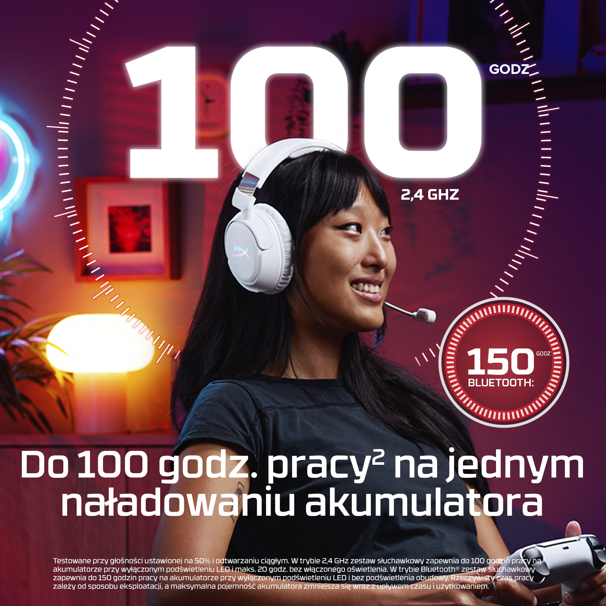 Młoda kobieta w białych słuchawkach trzyma kontroler. Duży napis "100 GODZ".