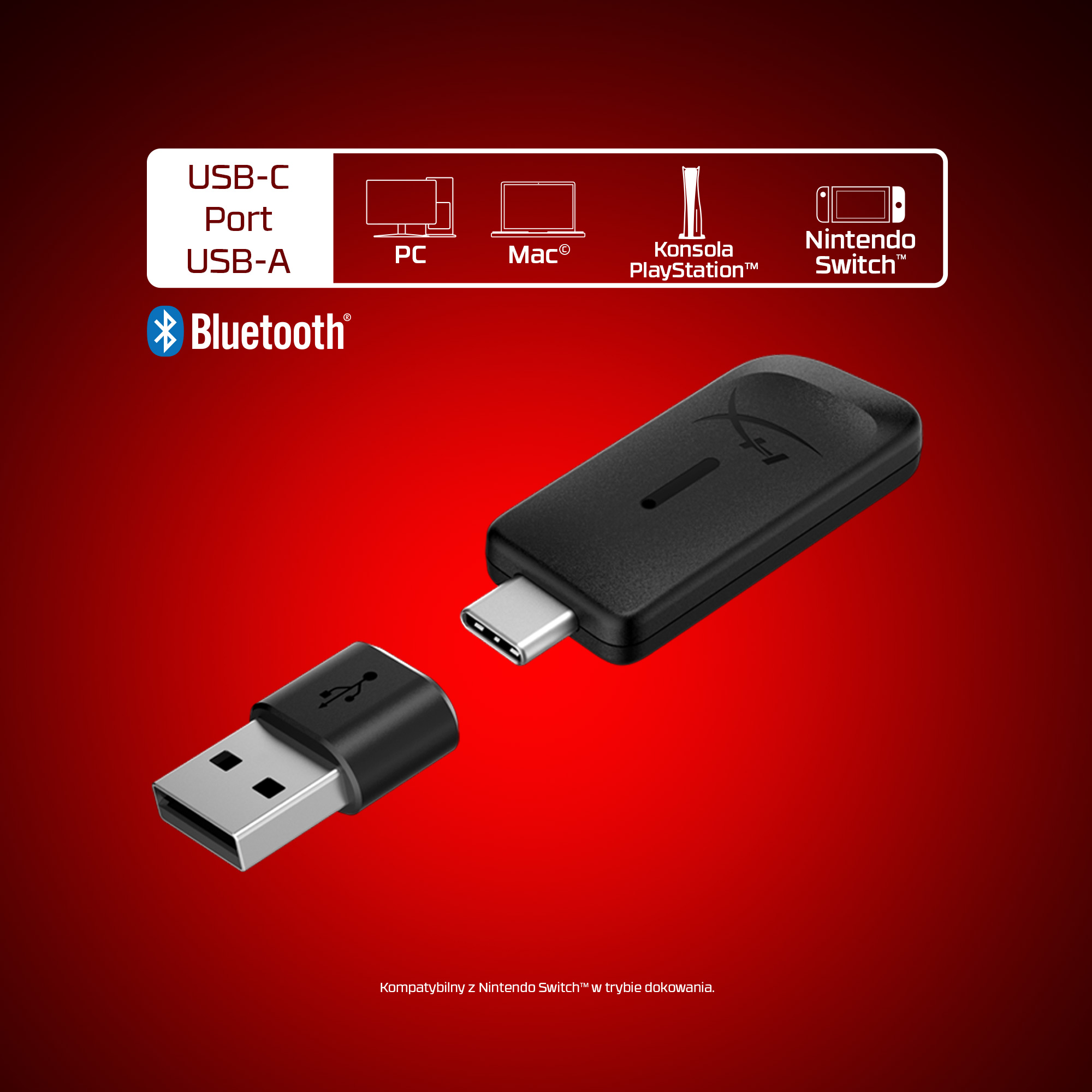 Czarny klucz USB-C i adapter USB-A na czerwonym tle.