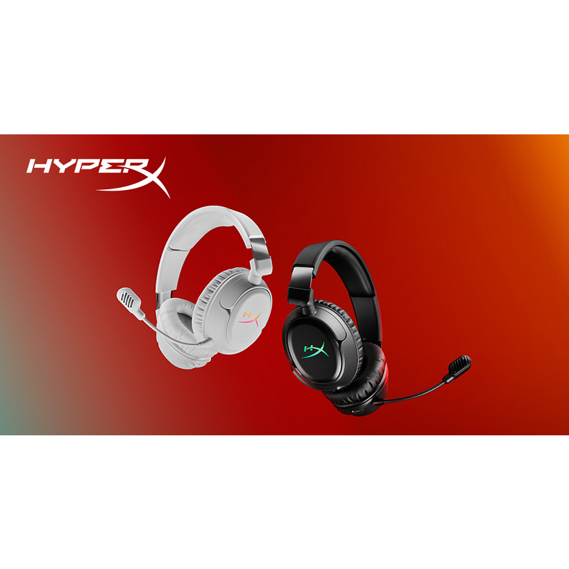 Dwa zestawy słuchawkowe HyperX, biały i czarny, na czerwonym tle.