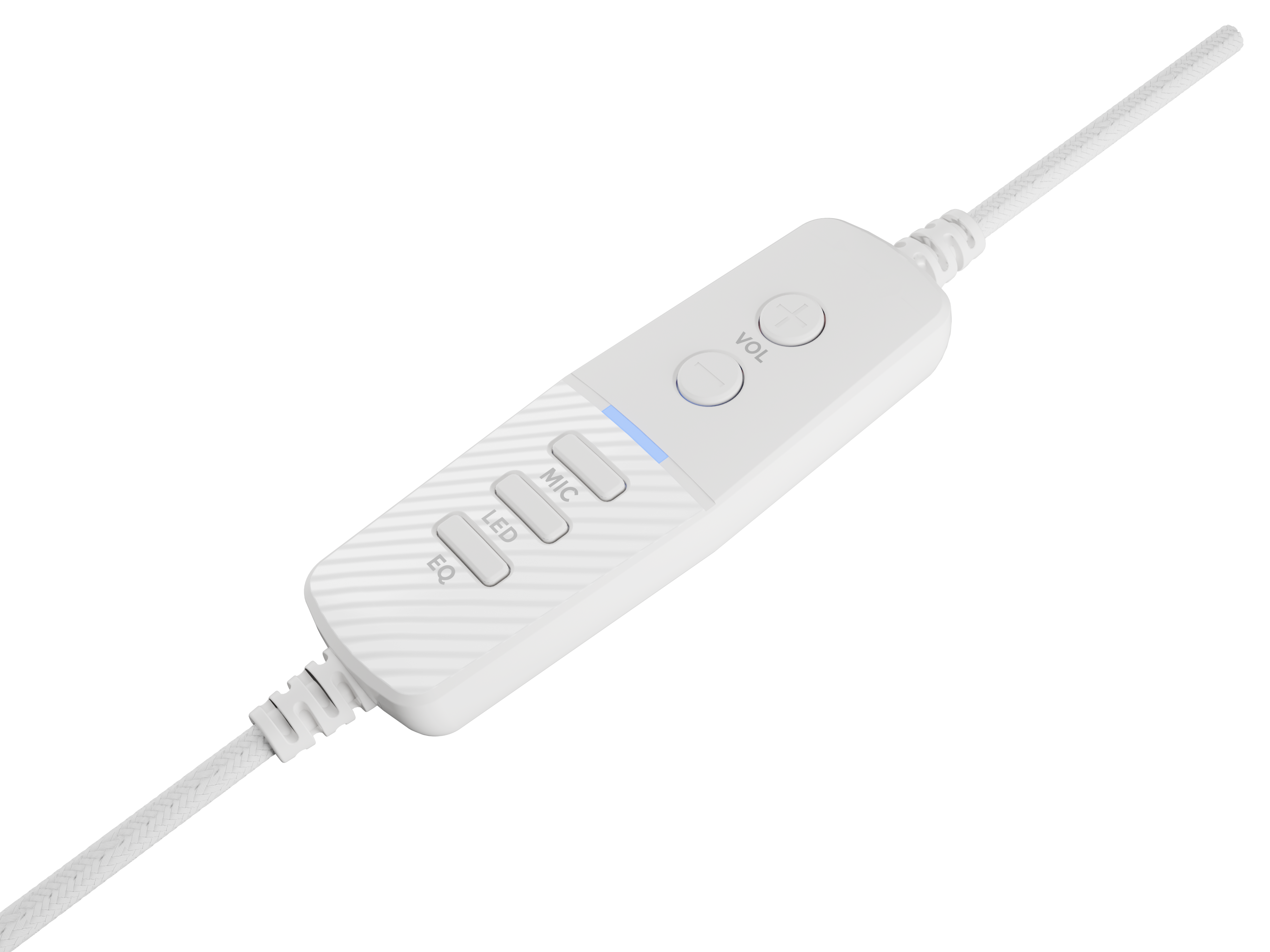 Biały kontroler inline z przyciskami EQ, LED, MIC i Głośności.
