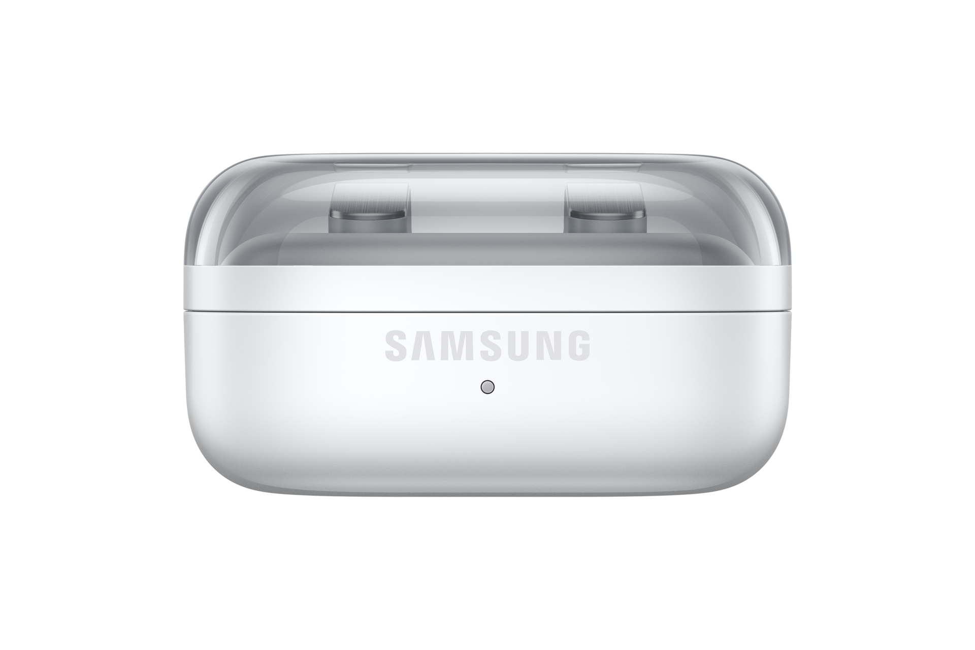 Białe słuchawki Samsung w przezroczystym etui ładującym.