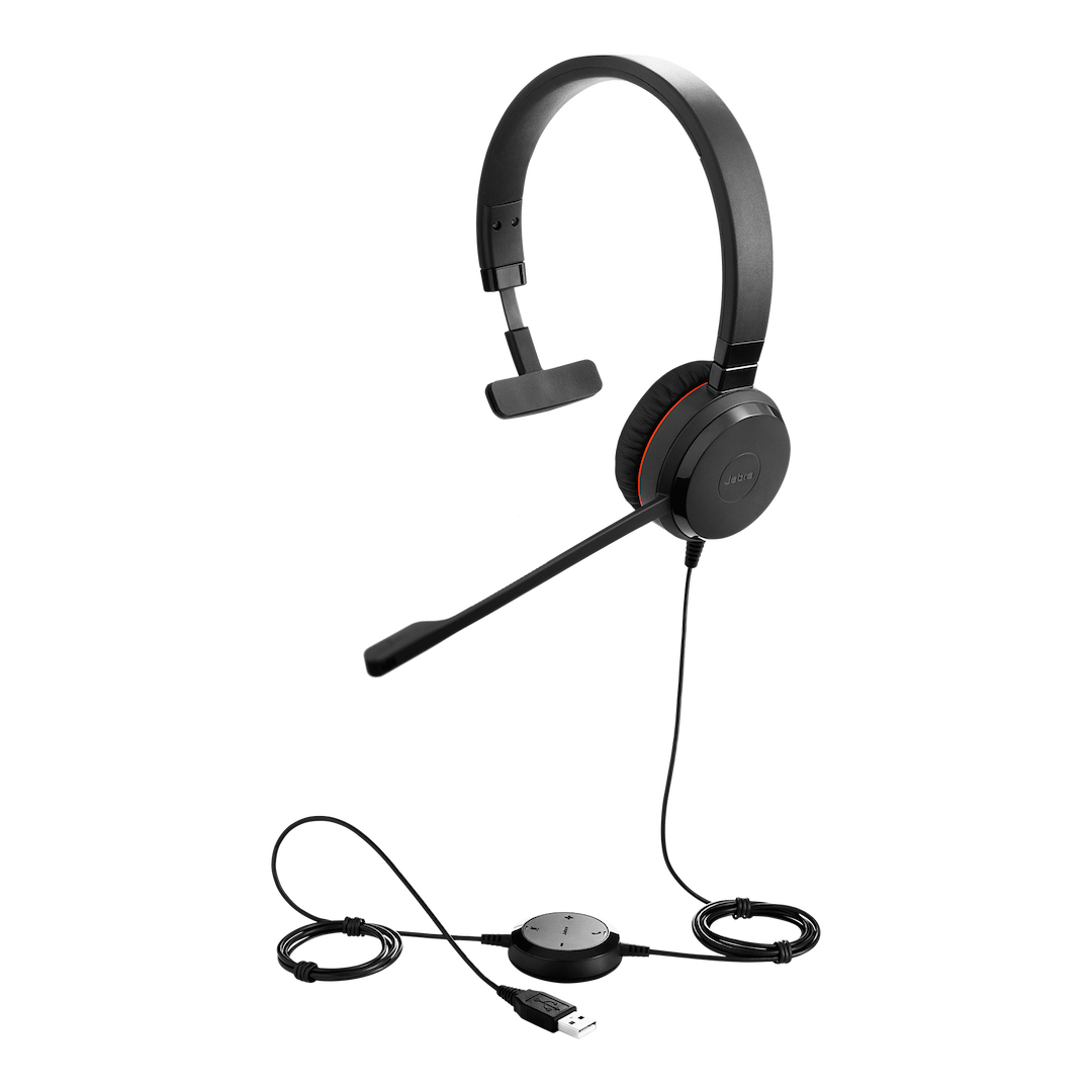 Schwarzer Jabra-Kopfhörer mit Mikrofon und USB-Anschluss, auf schwarzem Hintergrund.