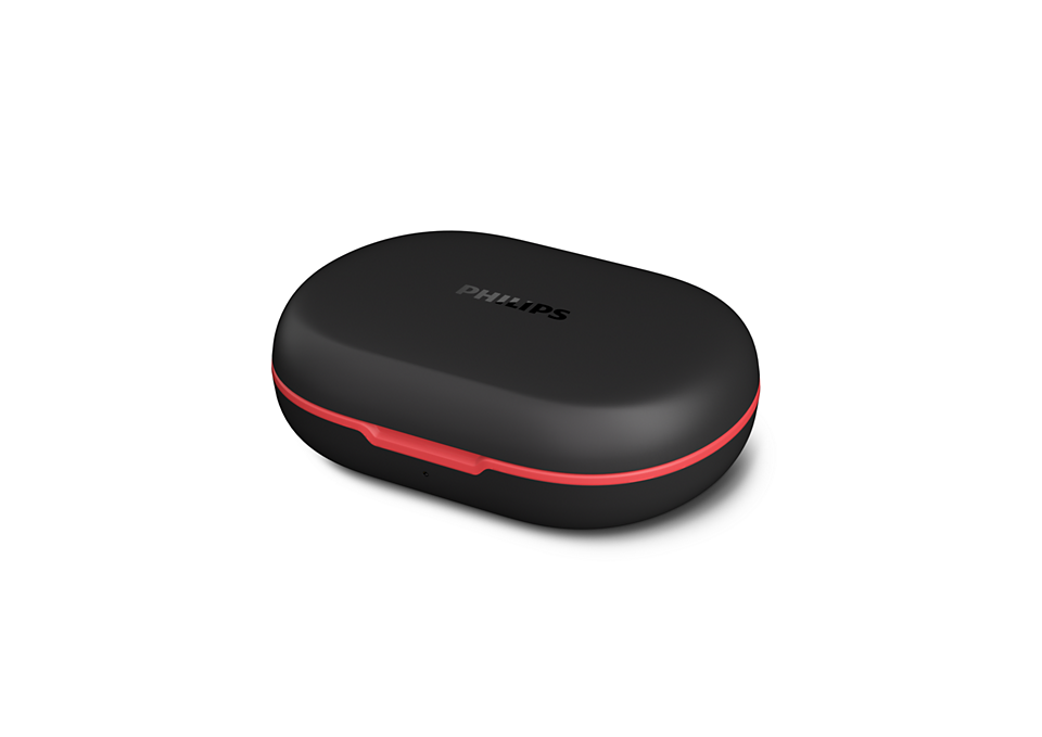 Czarne etui ładujące Philips z czerwonym paskiem na białym tle.