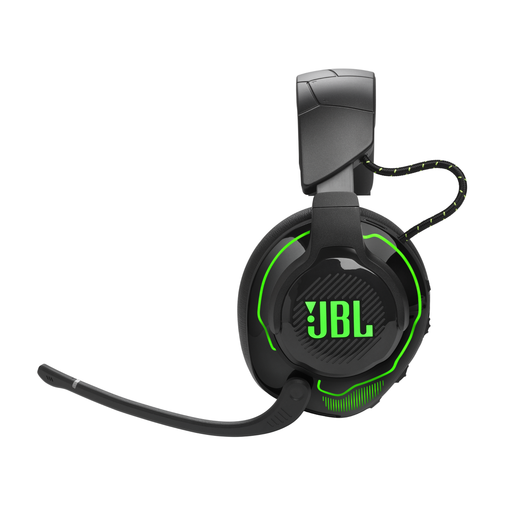 Czarne słuchawki z logo JBL i zielonymi akcentami, z mikrofonem.