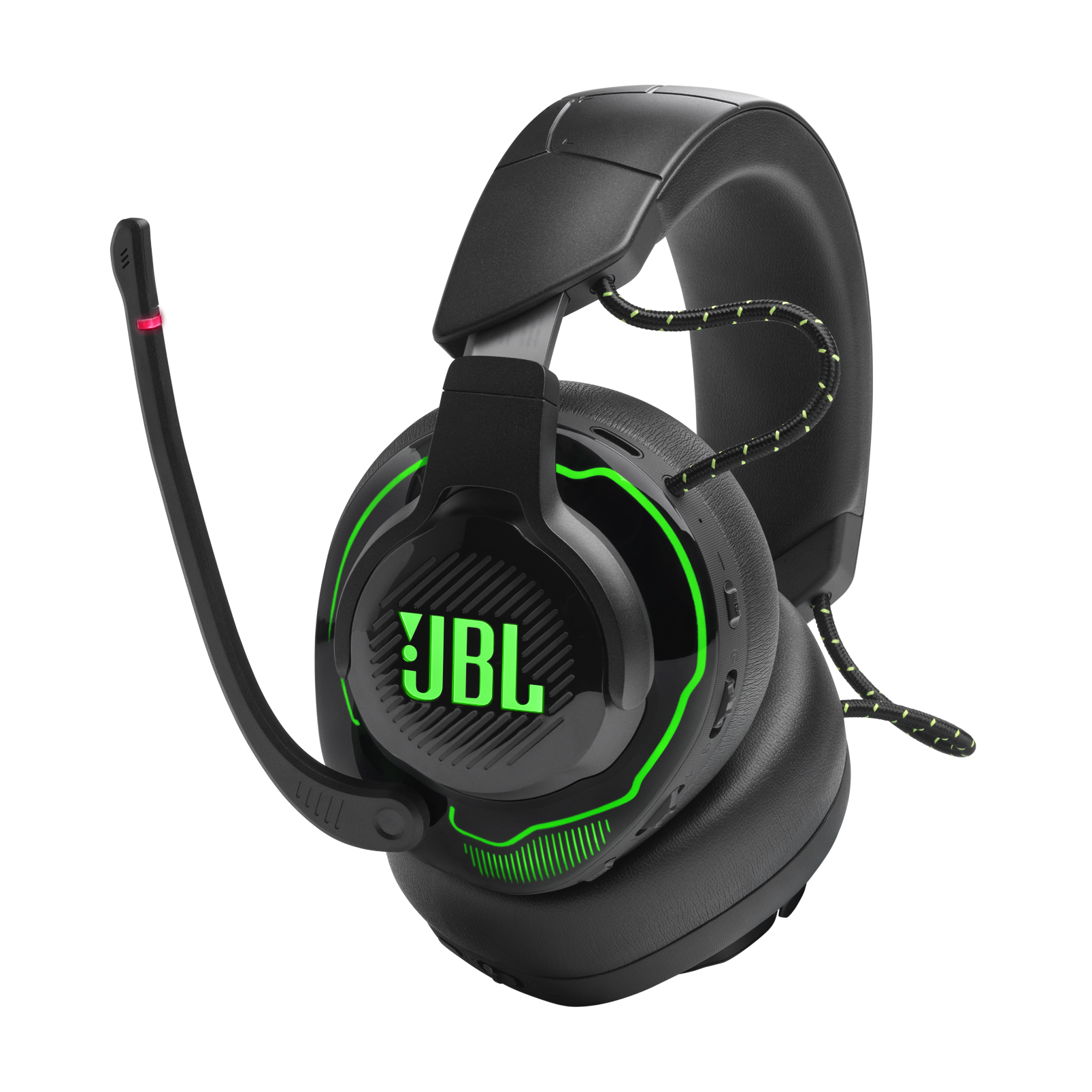 Czarny zestaw słuchawkowy do gier z logo JBL i zielonymi akcentami.
