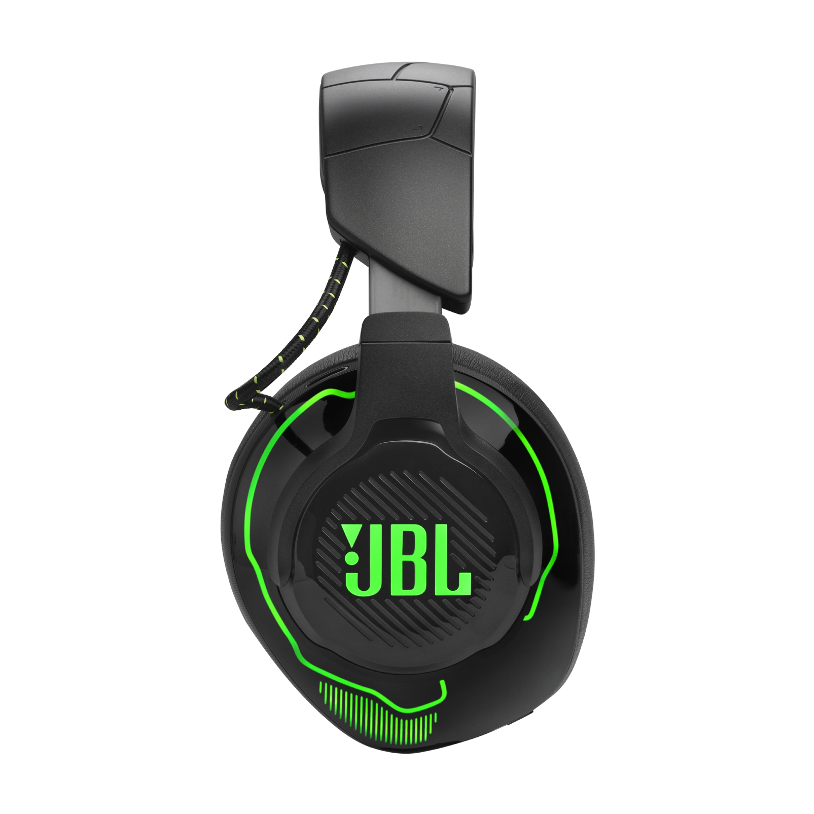 Czarne słuchawki z logo JBL i jaskrawozielonymi akcentami.