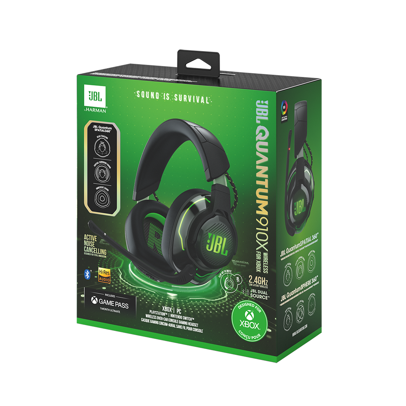 Opakowanie słuchawek JBL Quantum 910X z wizerunkiem słuchawek i logo Xbox.
