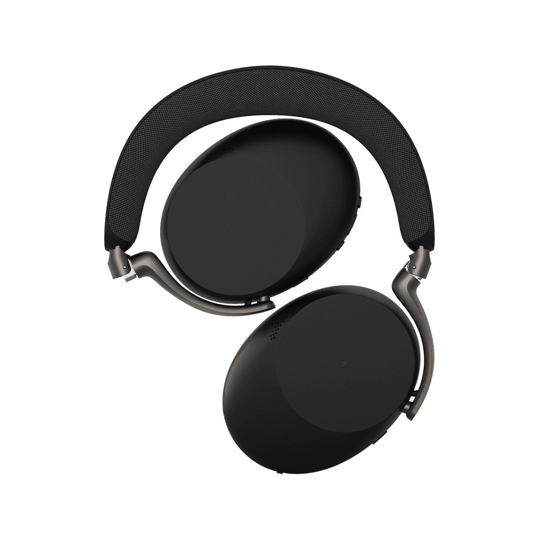 Schwarze Over-Ear-Kopfhörer mit silbernen Akzenten auf blauem Hintergrund.