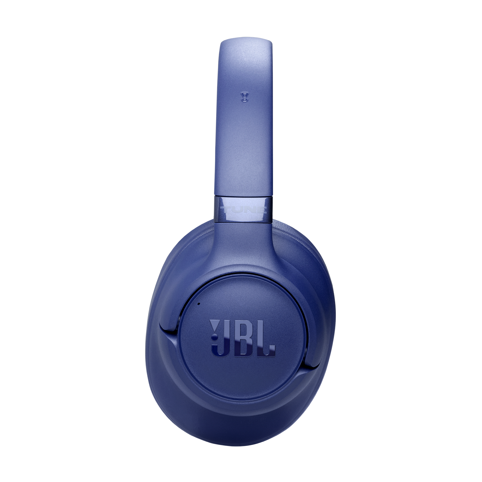 Niebieskie słuchawki JBL na czarnym tle. Logo JBL znajduje się na nauszniku.